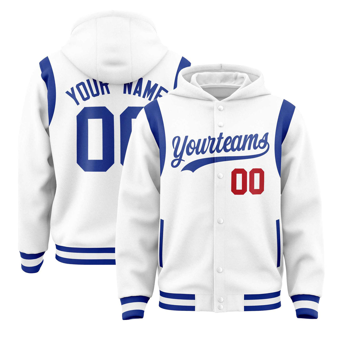 Custom White Royal Varsity Full-Snap Letterman Shoulder Color Block Jacket Hoodie| KXKSHOP