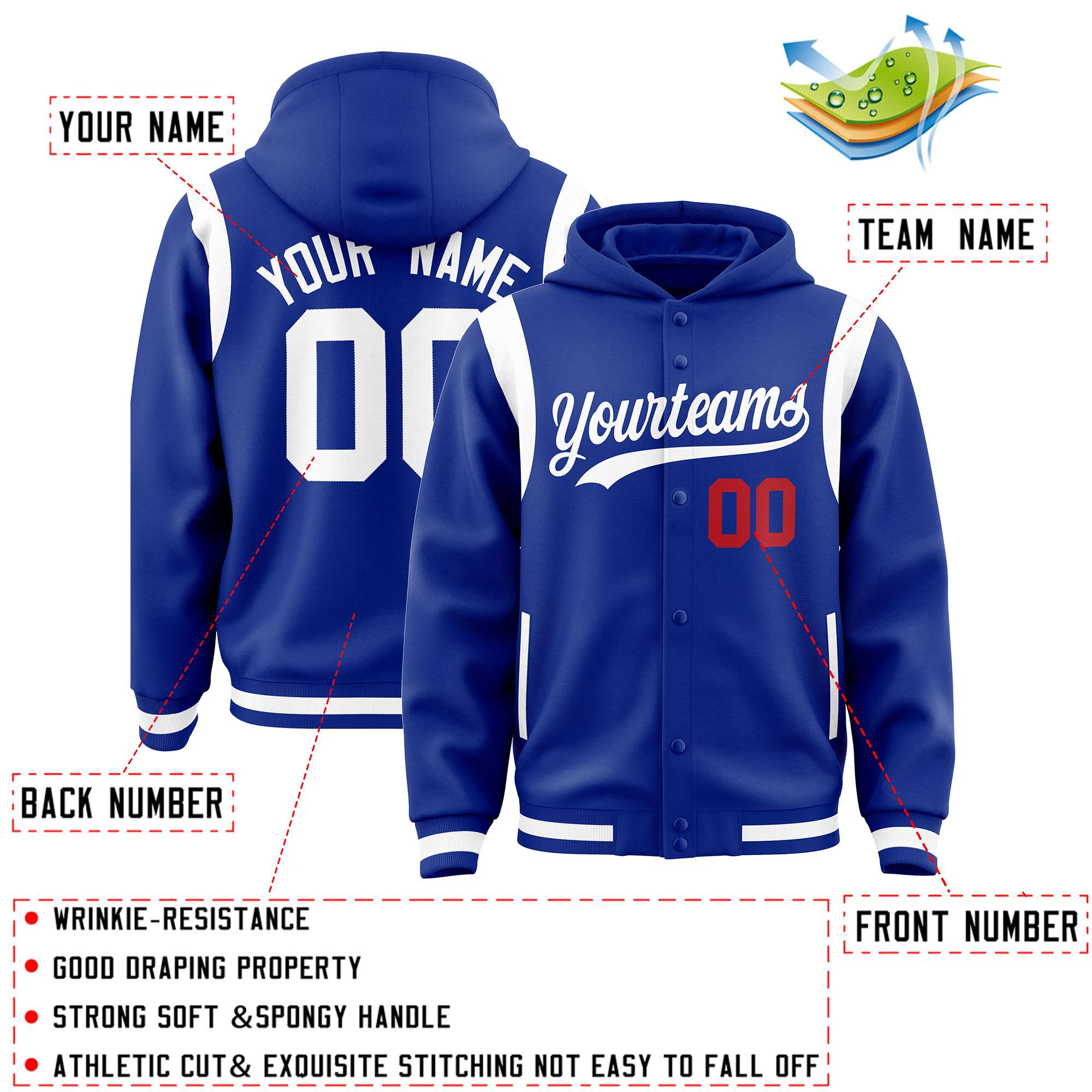 Custom Royal White Varsity Full-Snap Letterman Shoulder Color Block Jacket Hoodie| KXKSHOP