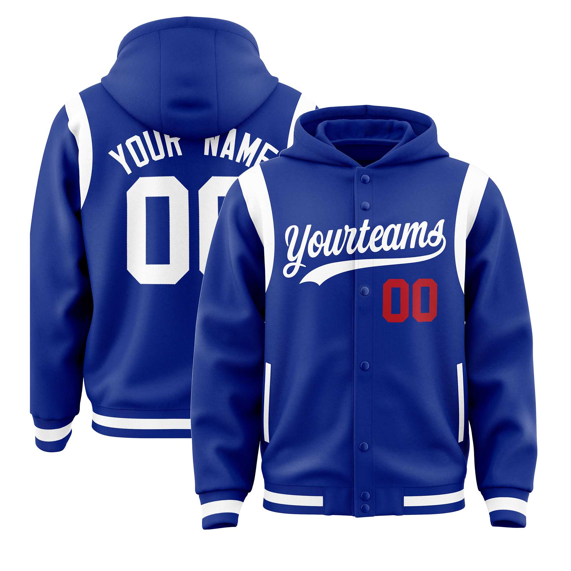 Custom Royal White Varsity Full-Snap Letterman Shoulder Color Block Jacket Hoodie| KXKSHOP