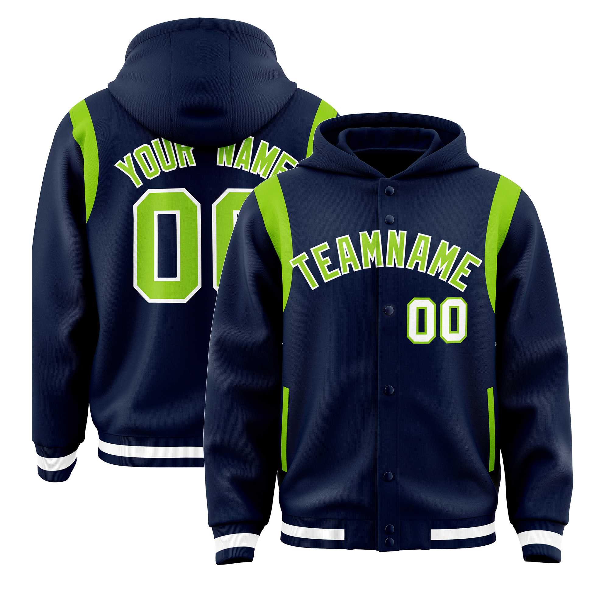 Custom Navy Neon Green Varsity Full-Snap Letterman Shoulder Color Block Jacket Hoodie| KXKSHOP