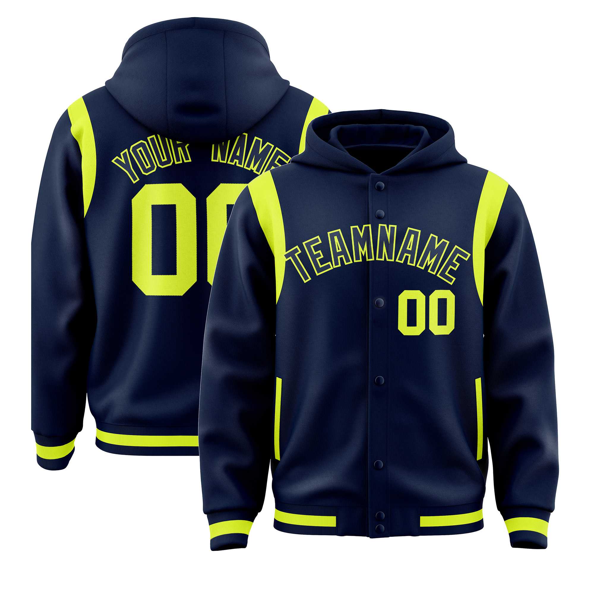 Custom Navy Navy Varsity Full-Snap Letterman Shoulder Color Block Jacket Hoodie| KXKSHOP