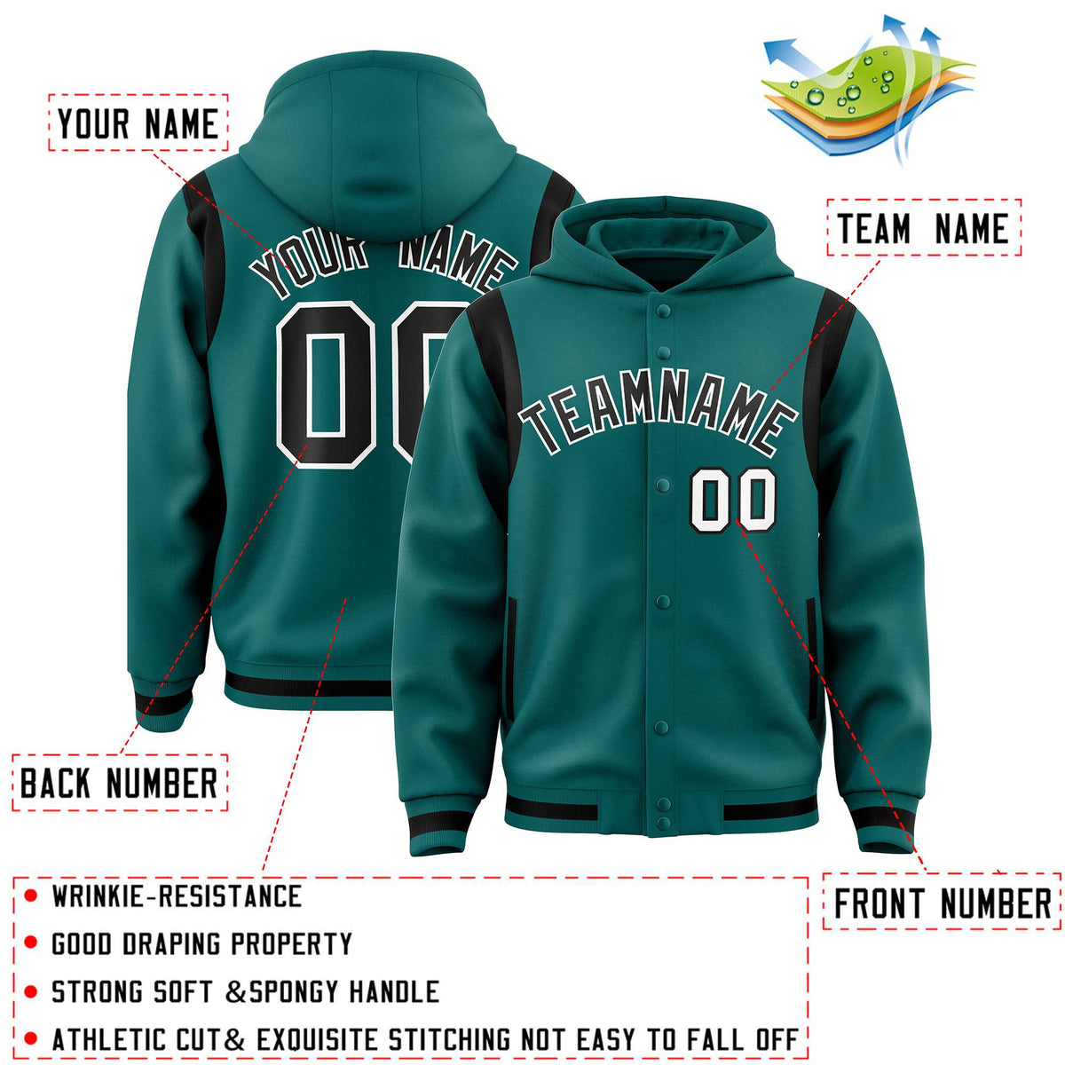 Custom Aqua Black Varsity Full-Snap Letterman Shoulder Color Block Jacket Hoodie| KXKSHOP