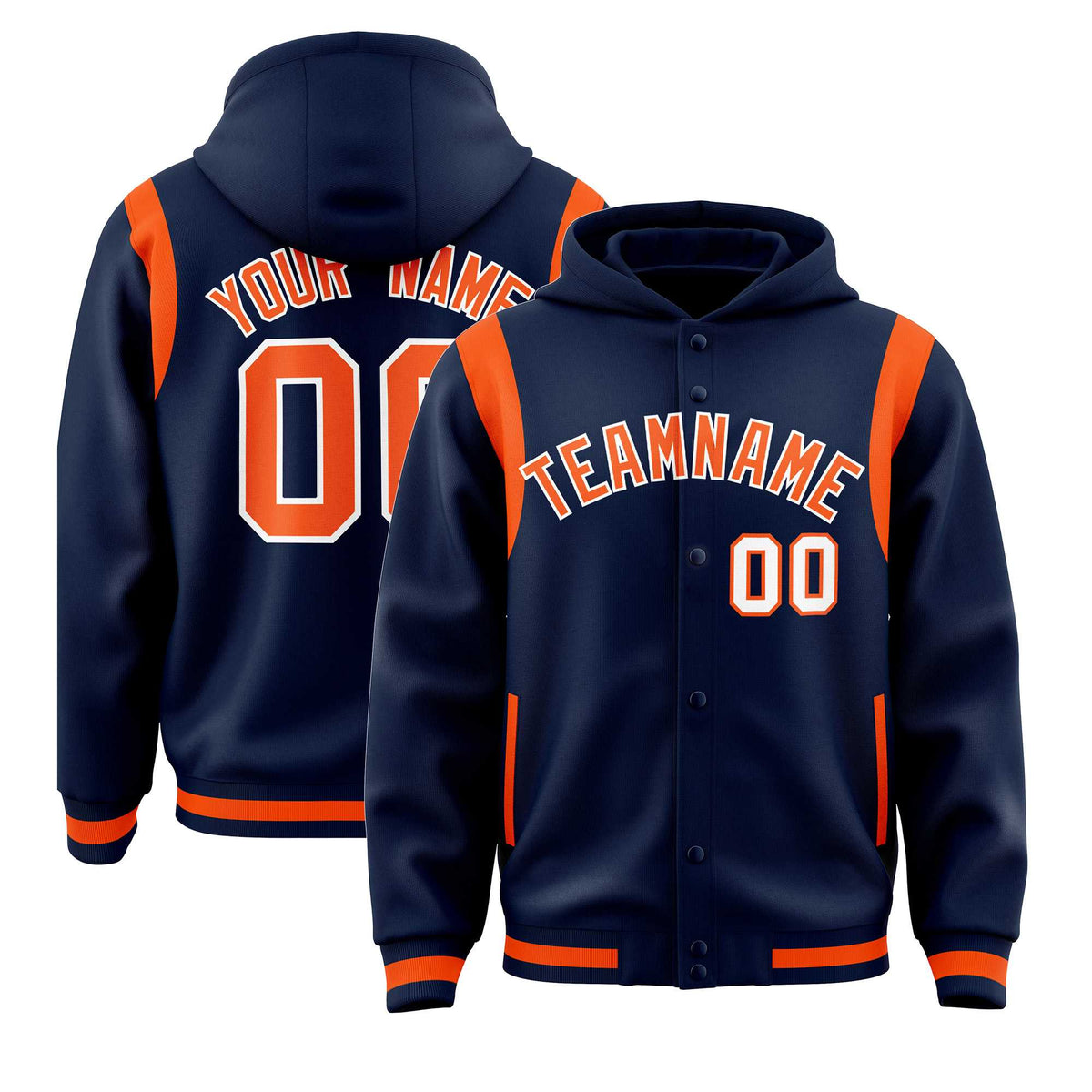 Custom Navy Orange Varsity Full-Snap Letterman Shoulder Color Block Jacket Hoodie| KXKSHOP