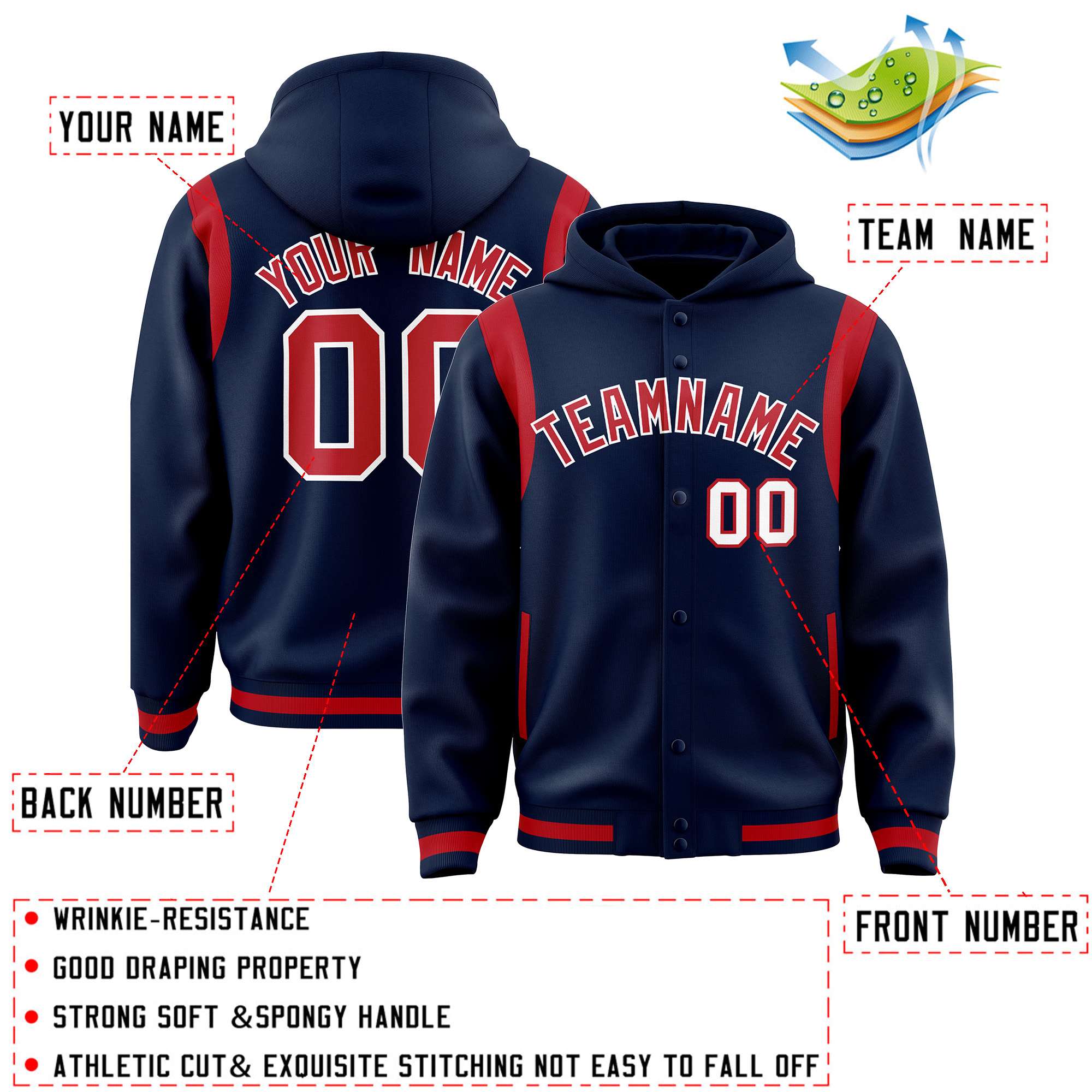 Custom Navy Red Varsity Full-Snap Letterman Shoulder Color Block Jacket Hoodie| KXKSHOP