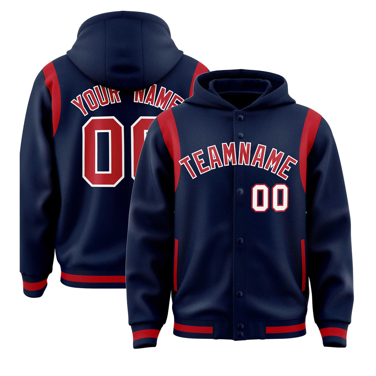 Custom Navy Red Varsity Full-Snap Letterman Shoulder Color Block Jacket Hoodie| KXKSHOP