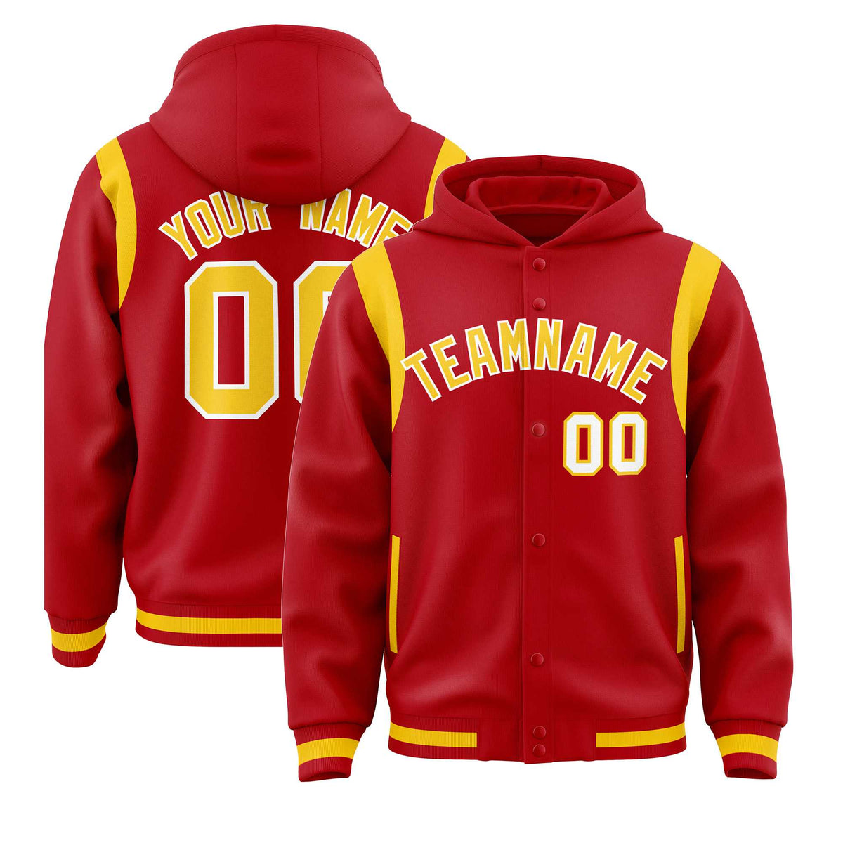 Custom Red Gold Varsity Full-Snap Letterman Shoulder Color Block Jacket Hoodie| KXKSHOP