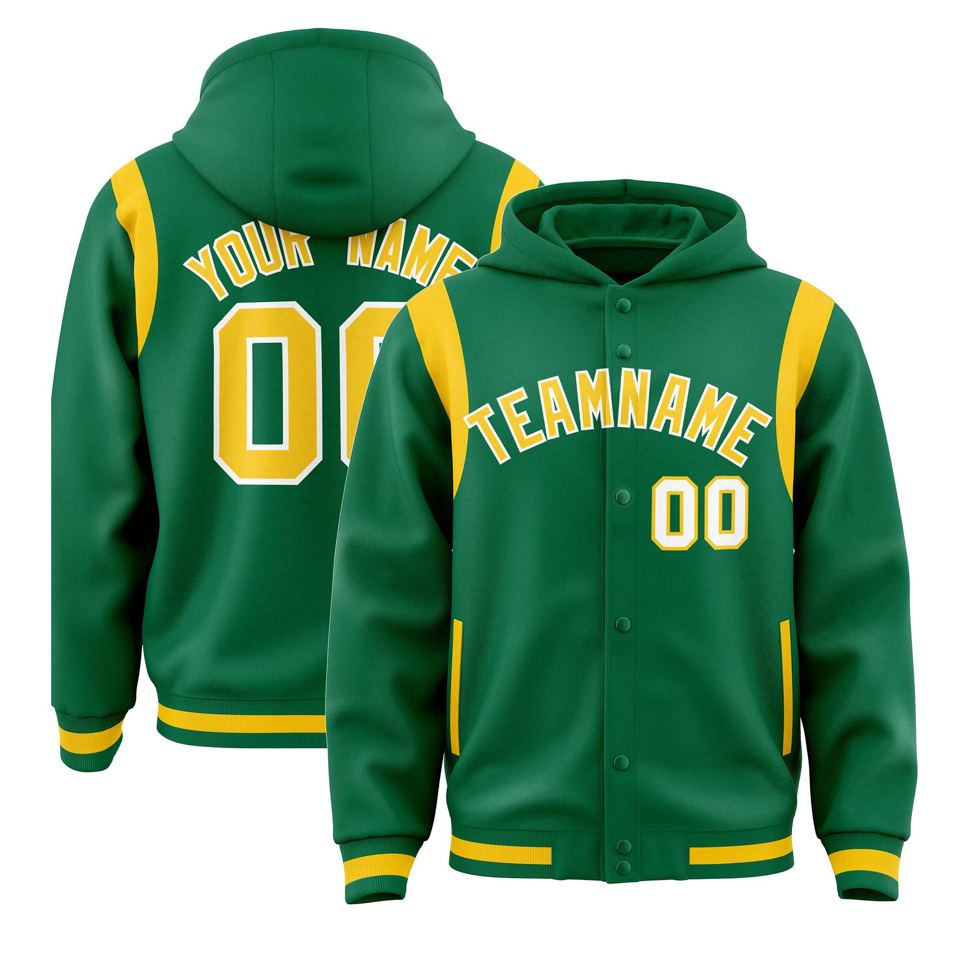Custom Kelly Green Gold Varsity Full-Snap Letterman Shoulder Color Block Jacket Hoodie| KXKSHOP
