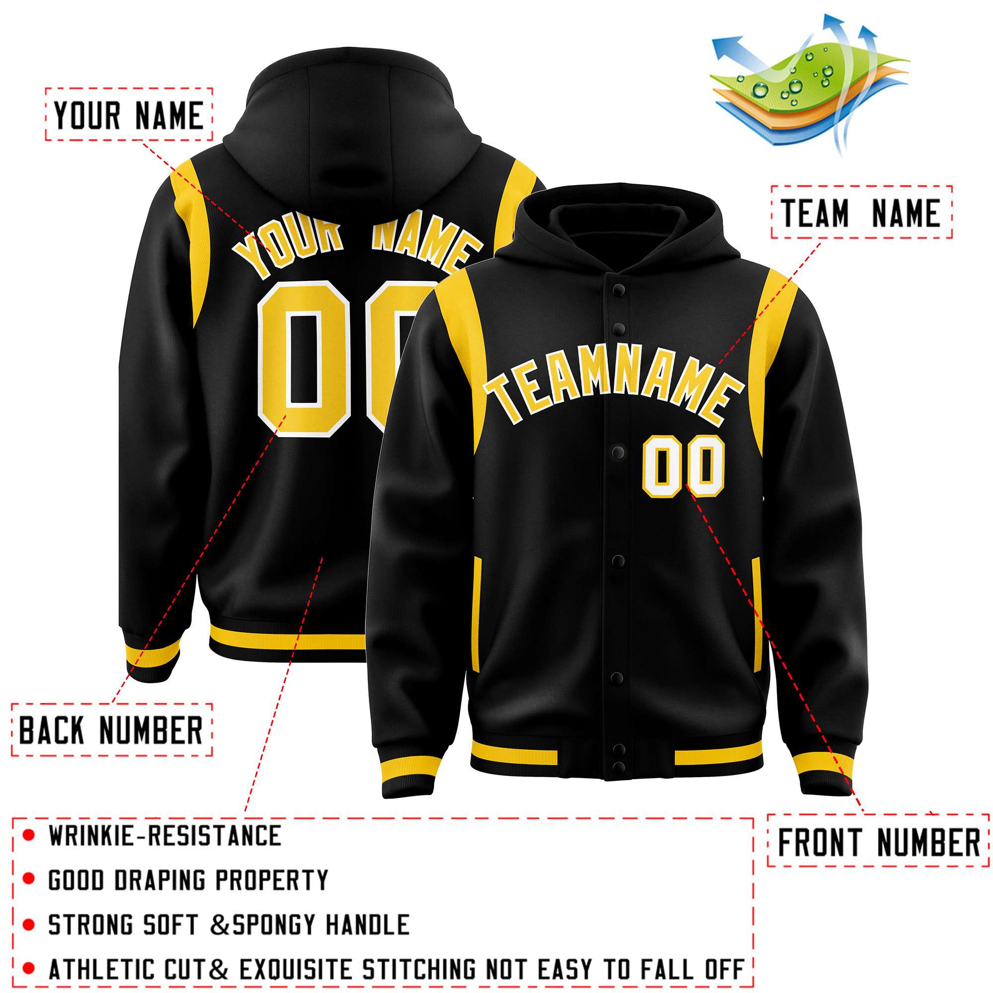 Custom Black Gold Varsity Full-Snap Letterman Shoulder Color Block Jacket Hoodie| KXKSHOP