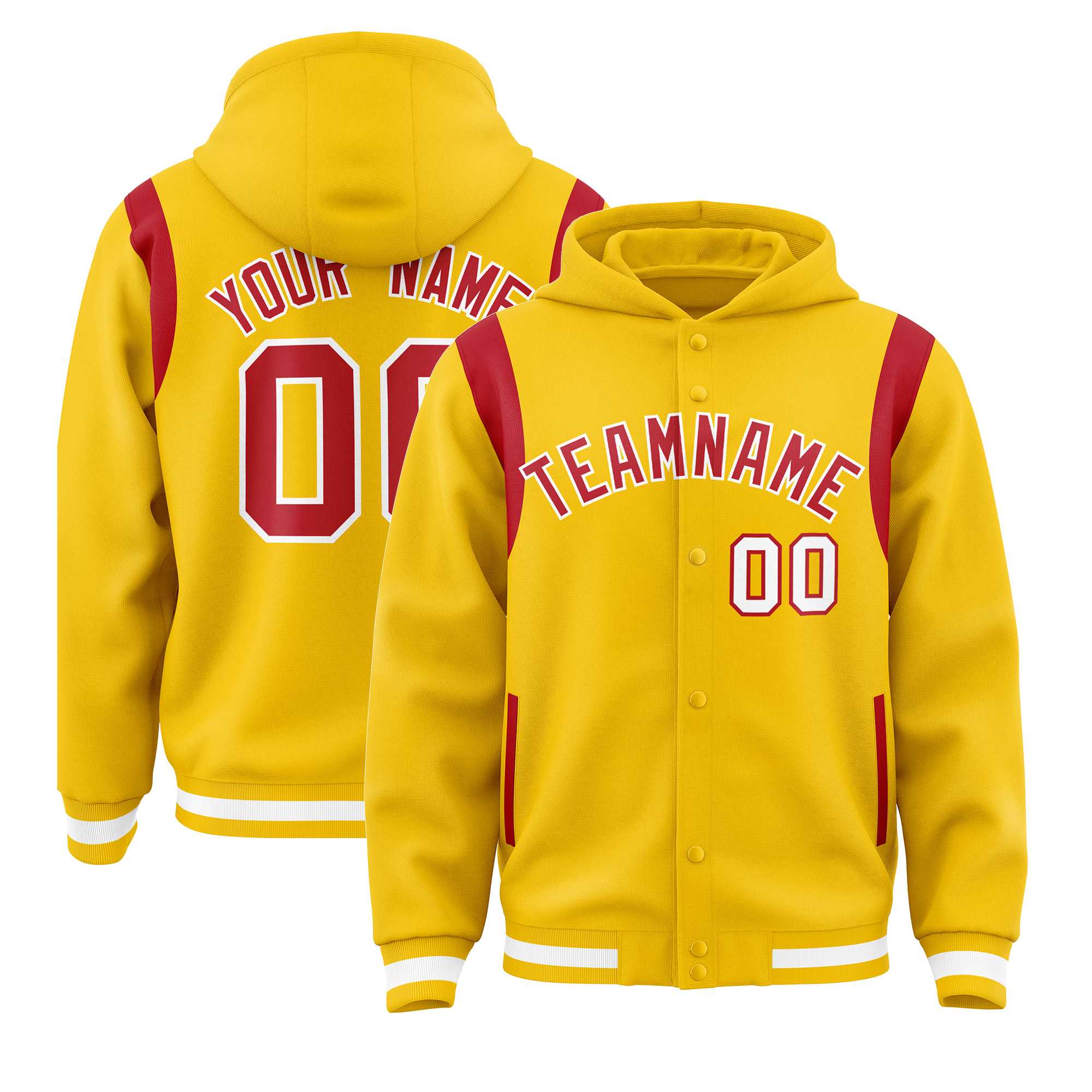 Custom Gold Red Varsity Full-Snap Letterman Shoulder Color Block Jacket Hoodie| KXKSHOP