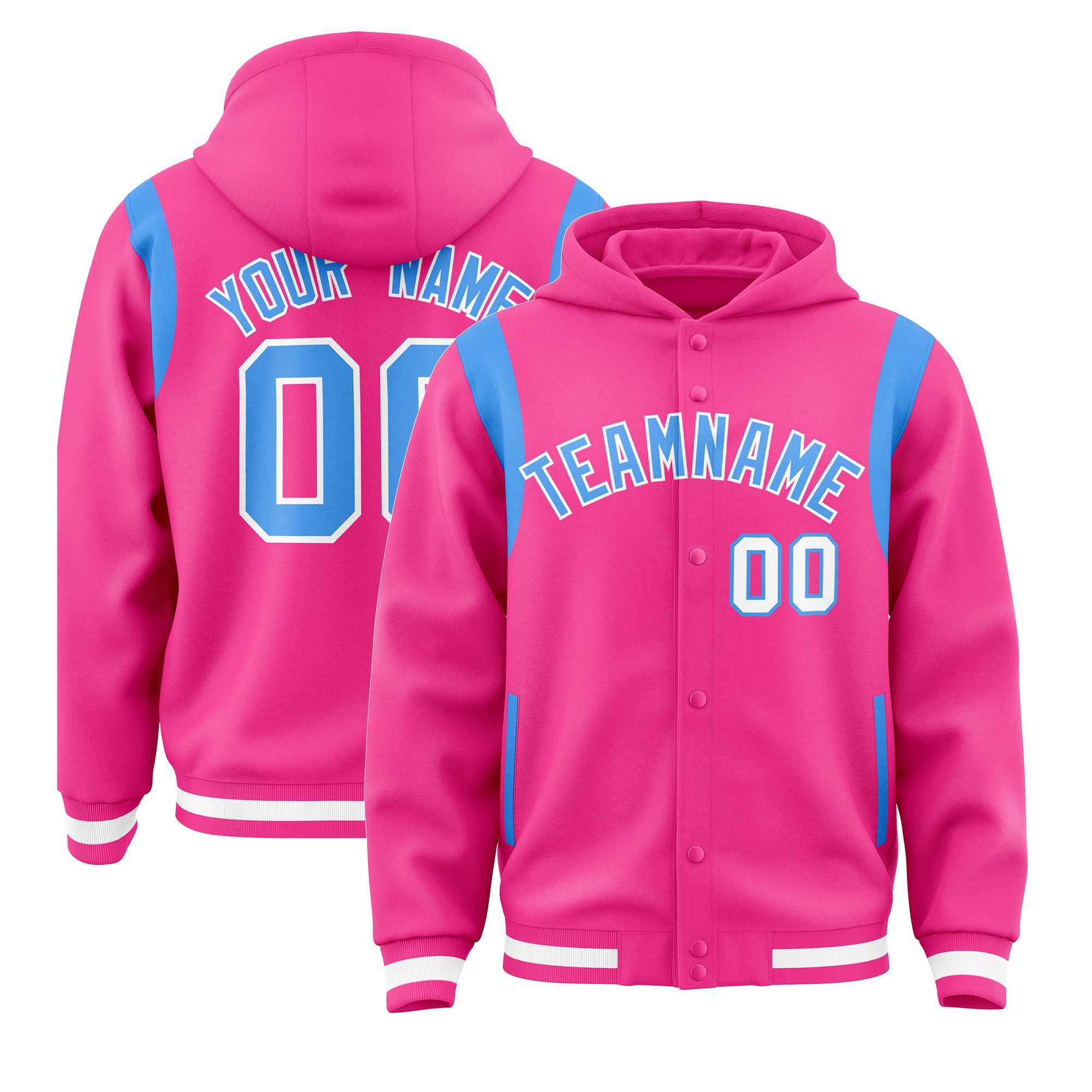 Custom Pink Powder Blue Varsity Full-Snap Letterman Shoulder Color Block Jacket Hoodie| KXKSHOP