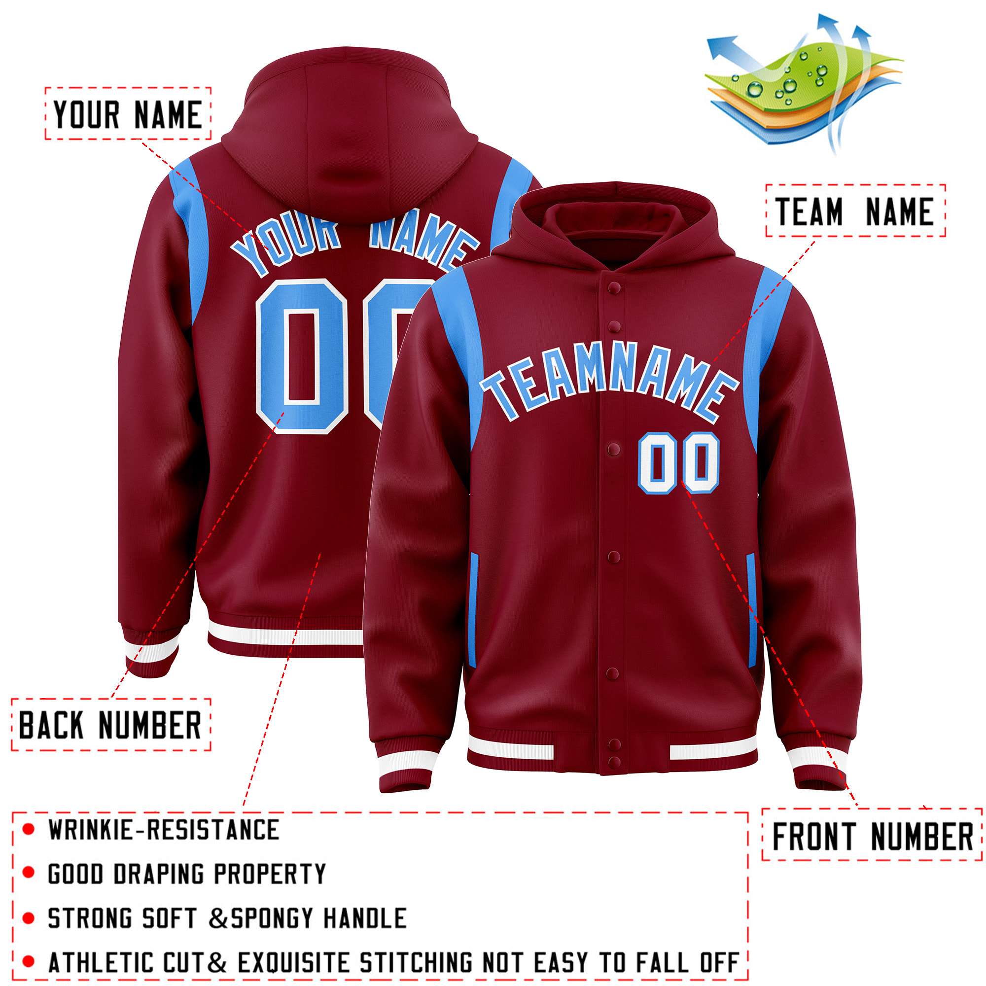 Custom Crimson Powder Blue Varsity Full-Snap Letterman Shoulder Color Block Jacket Hoodie| KXKSHOP