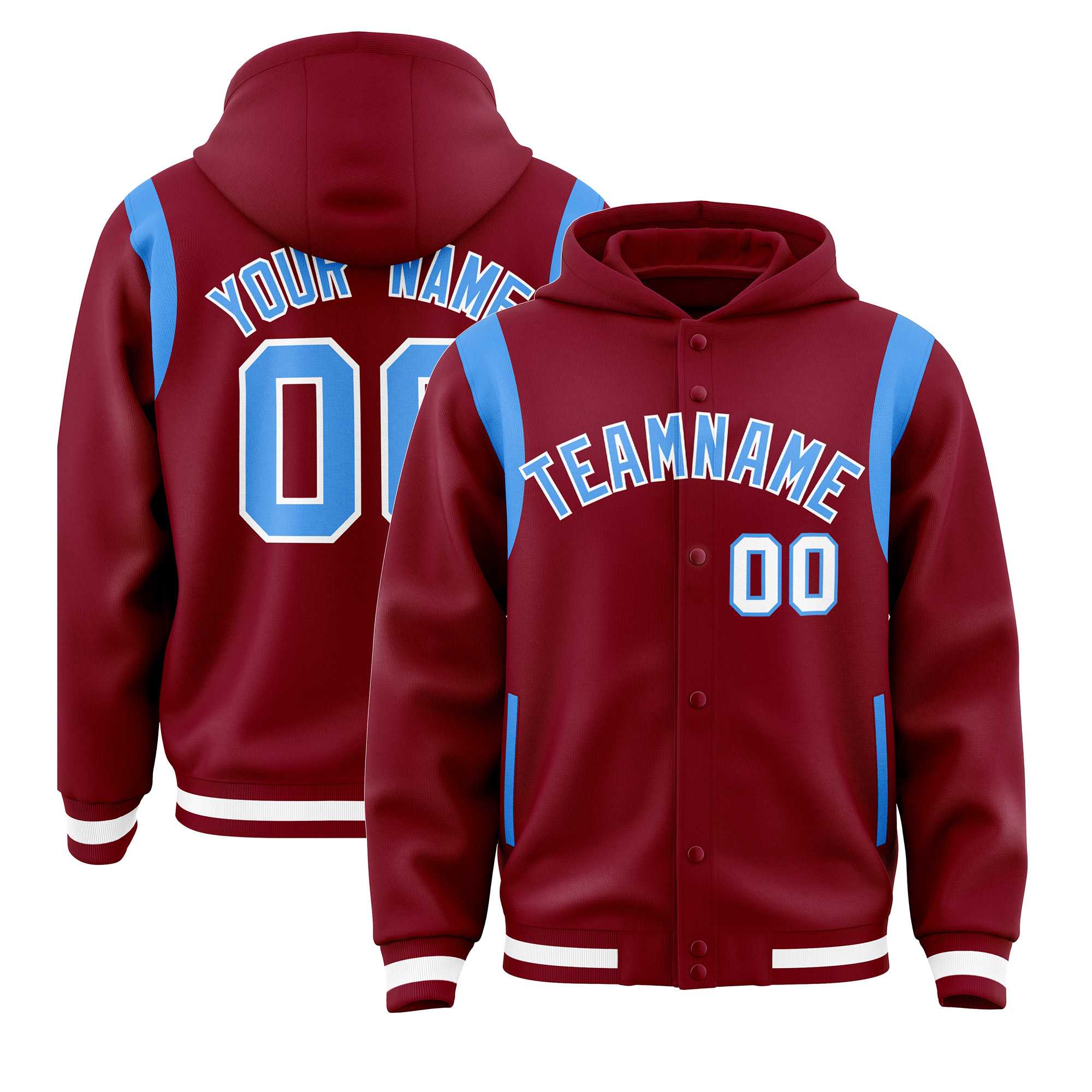 Custom Crimson Powder Blue Varsity Full-Snap Letterman Shoulder Color Block Jacket Hoodie| KXKSHOP