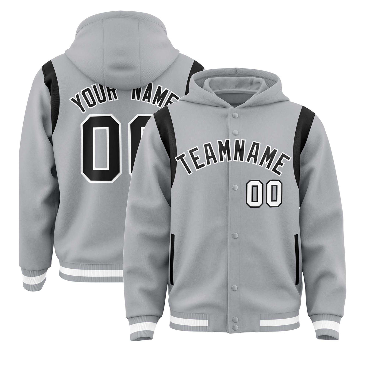 Custom Silver Black Varsity Full-Snap Letterman Shoulder Color Block Jacket Hoodie| KXKSHOP