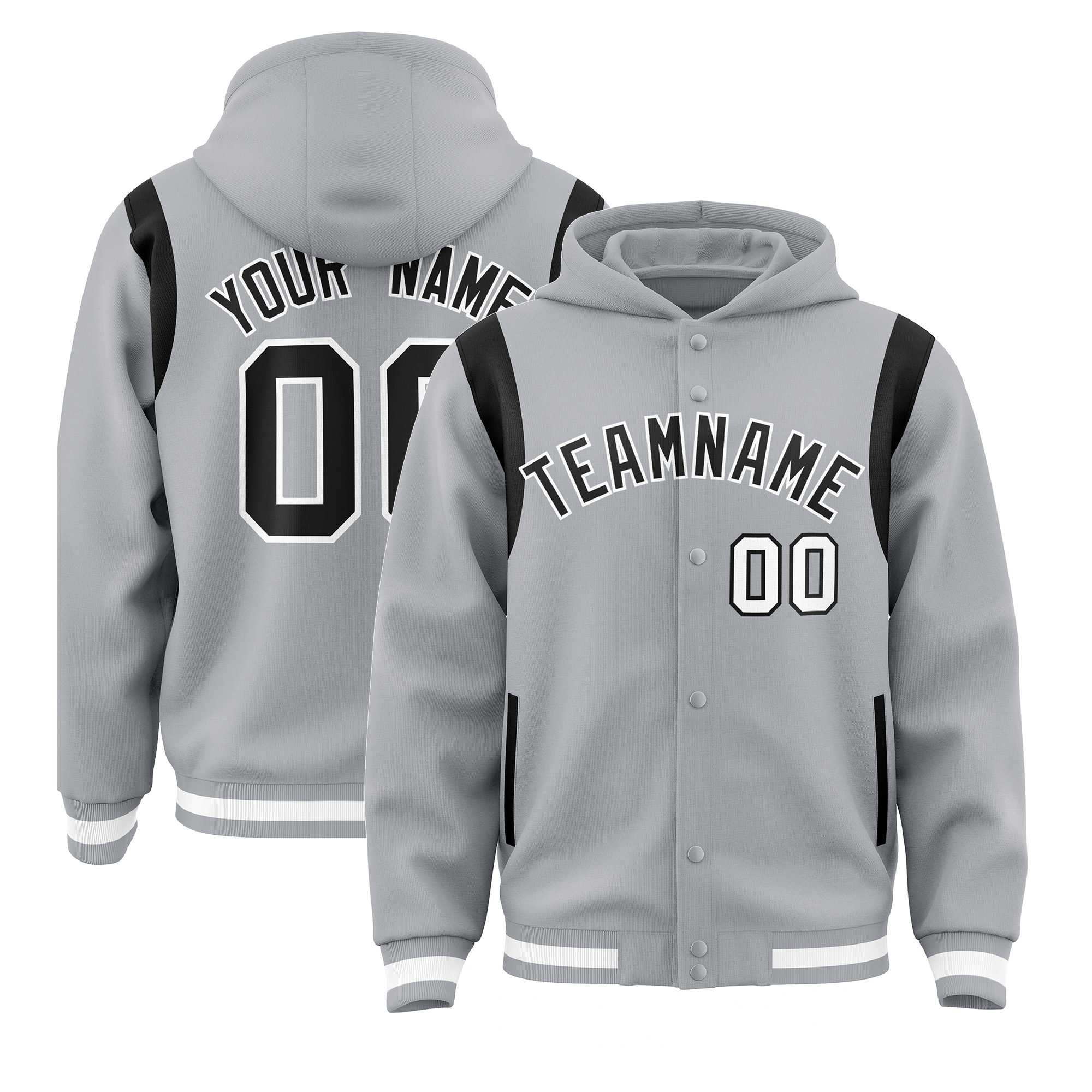 Custom Silver Black Varsity Full-Snap Letterman Shoulder Color Block Jacket Hoodie| KXKSHOP