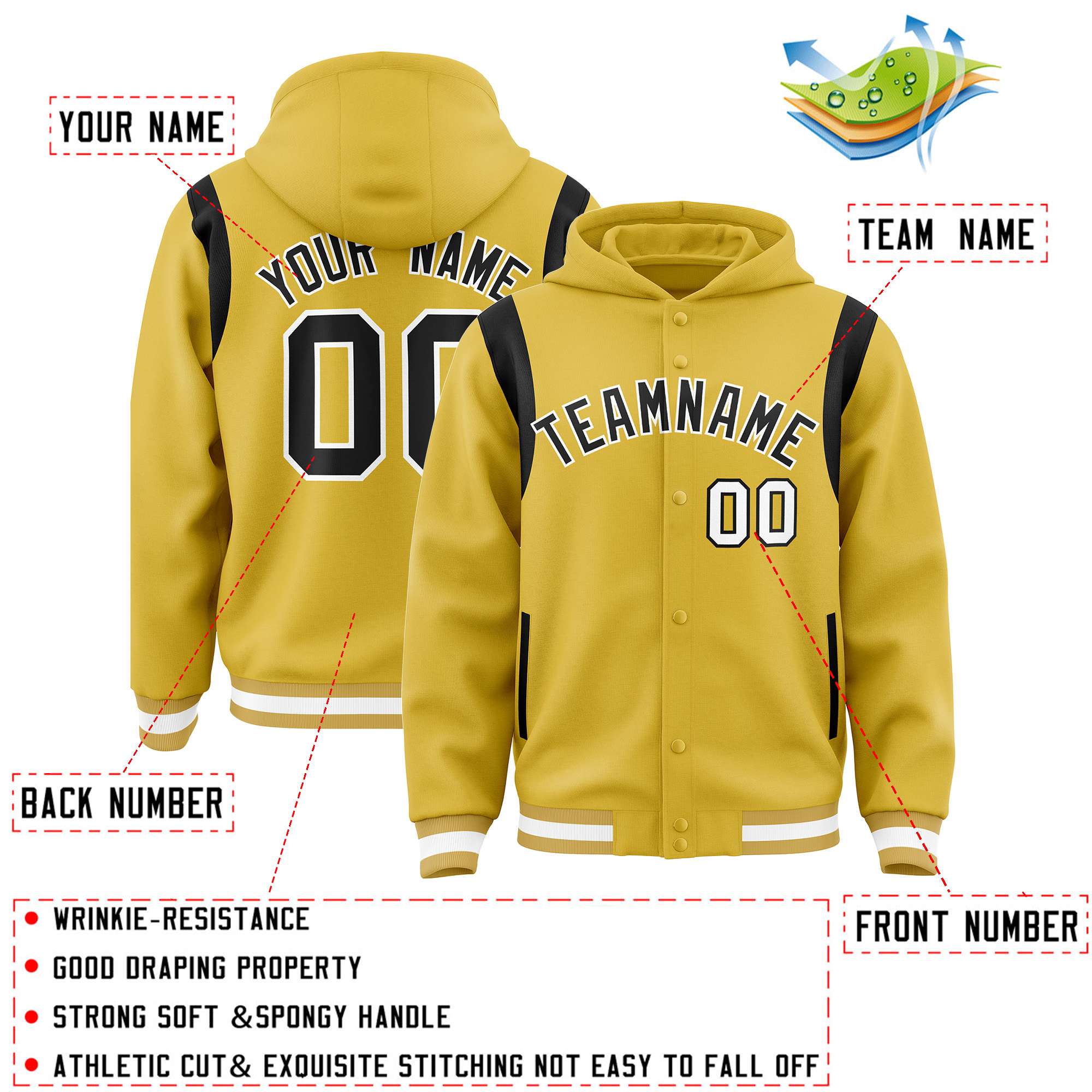 Custom Old Gold Black Varsity Full-Snap Letterman Shoulder Color Block Jacket Hoodie| KXKSHOP