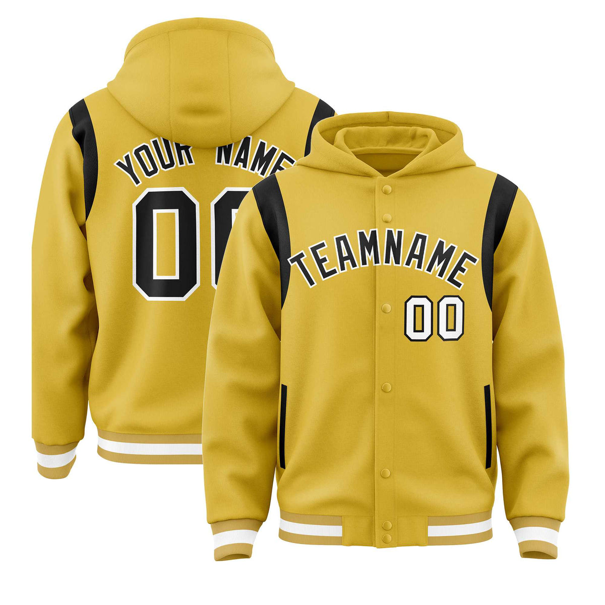 Custom Old Gold Black Varsity Full-Snap Letterman Shoulder Color Block Jacket Hoodie| KXKSHOP