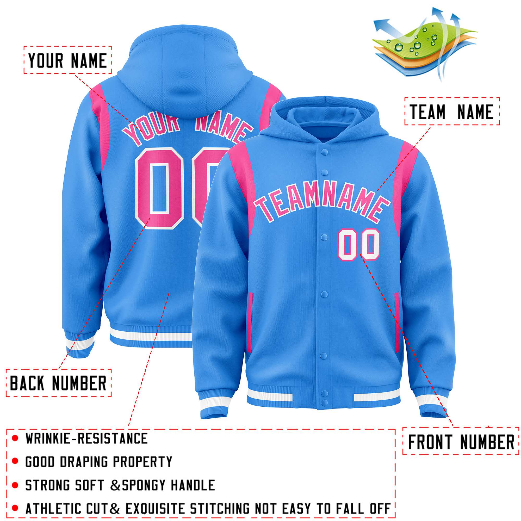 Custom Powder Blue Pink Varsity Full-Snap Letterman Shoulder Color Block Jacket Hoodie| KXKSHOP