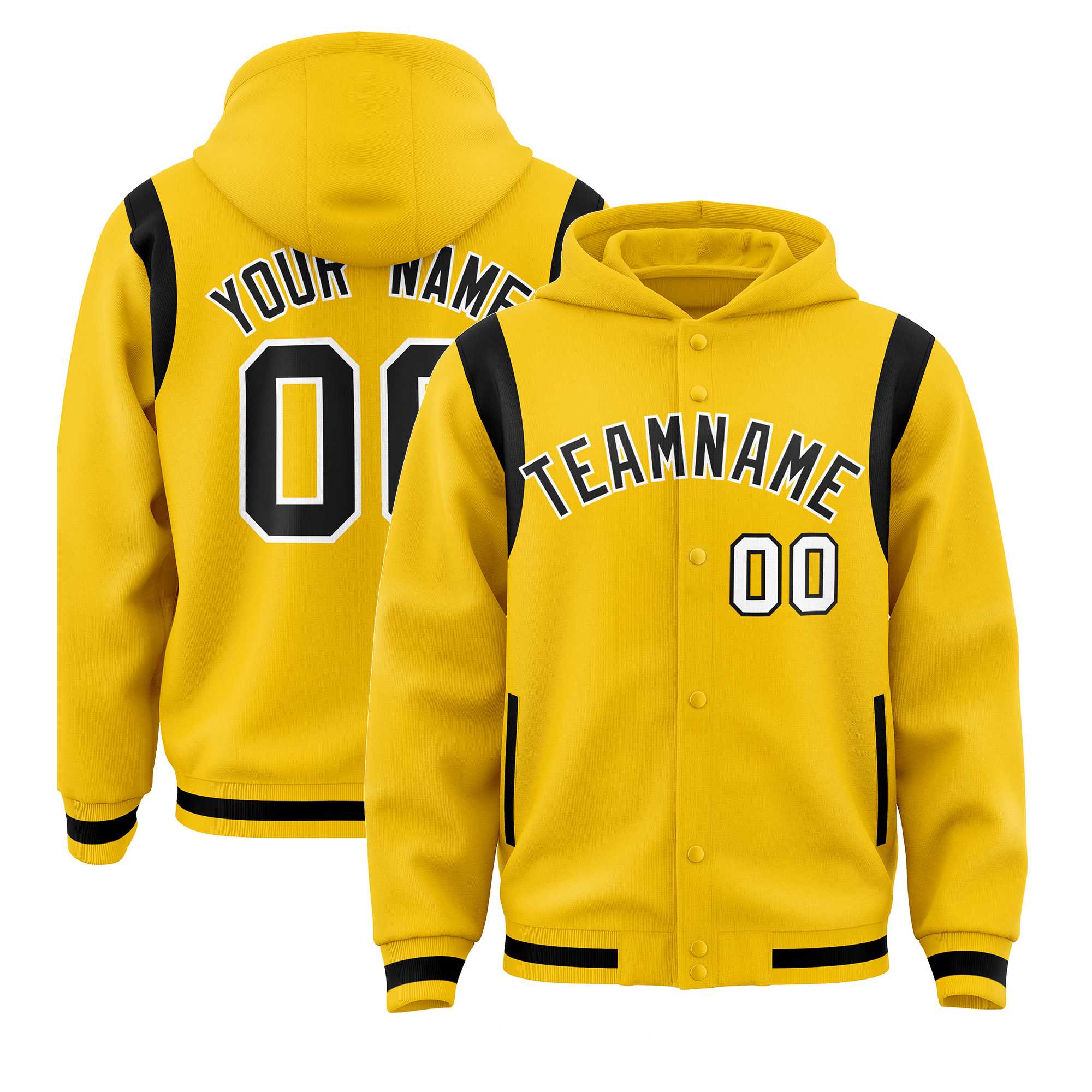 Custom Gold Black Varsity Full-Snap Letterman Shoulder Color Block Jacket Hoodie| KXKSHOP