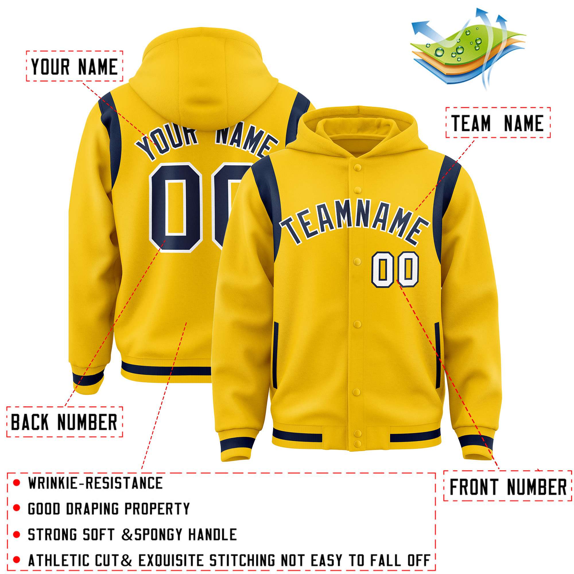 Custom Gold Navy Varsity Full-Snap Letterman Shoulder Color Block Jacket Hoodie| KXKSHOP