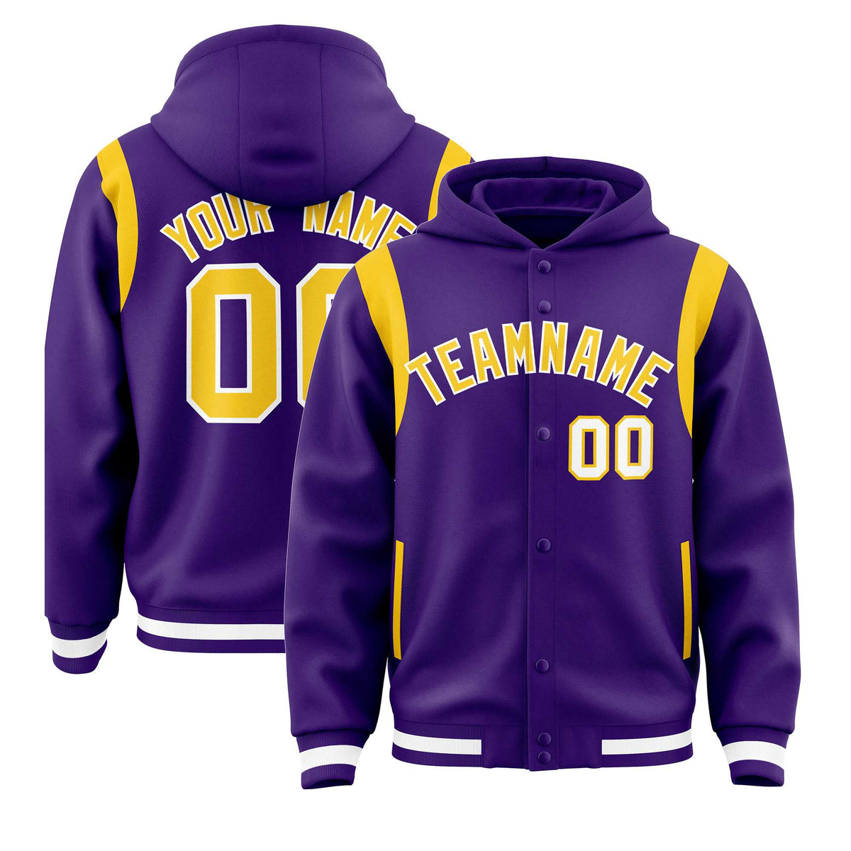 Custom Purple Gold Varsity Full-Snap Letterman Shoulder Color Block Jacket Hoodie| KXKSHOP