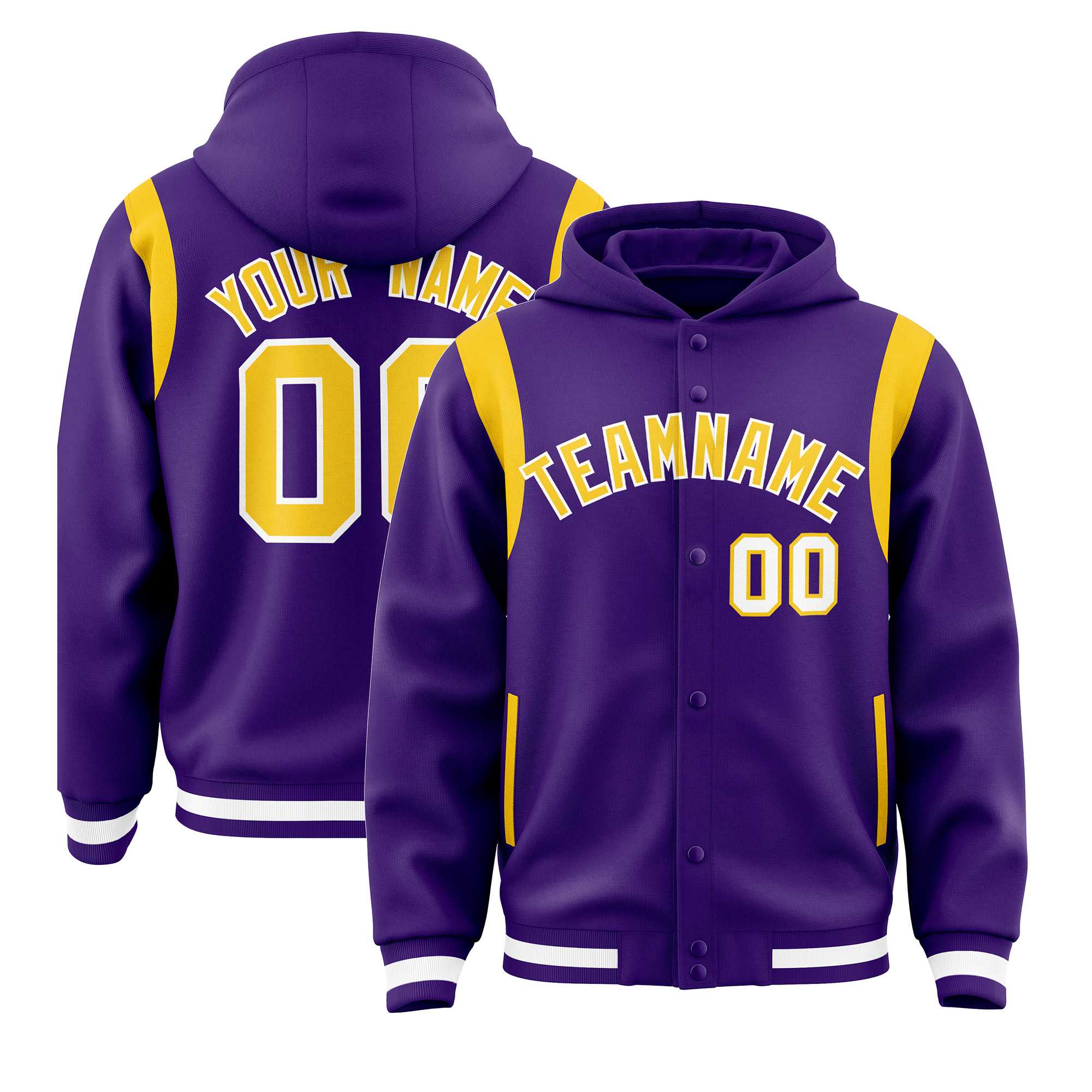 Custom Purple Gold Varsity Full-Snap Letterman Shoulder Color Block Jacket Hoodie| KXKSHOP