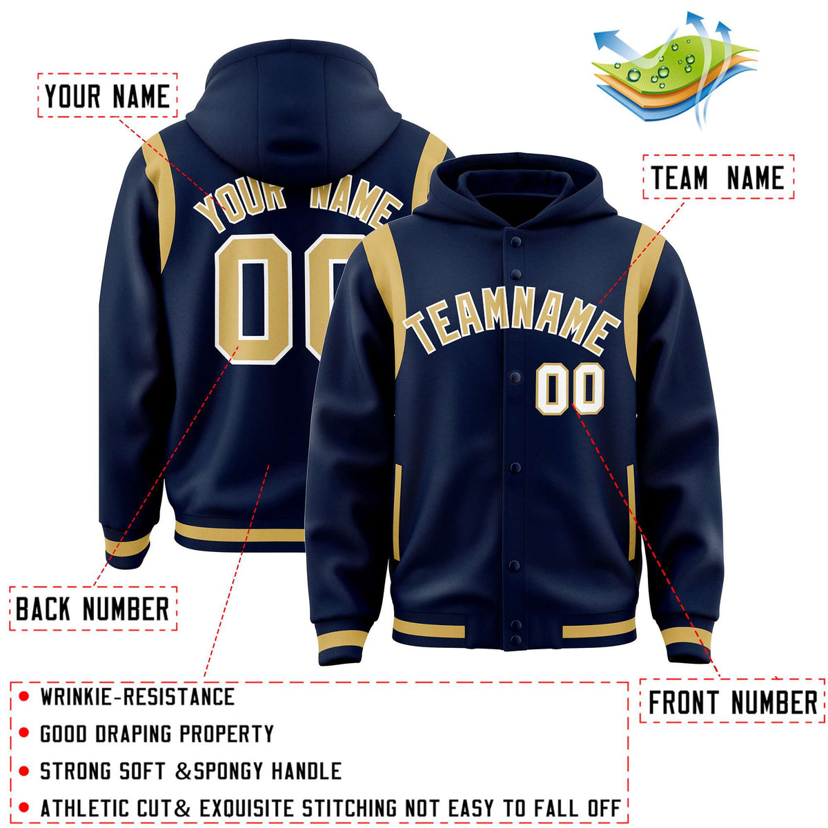 Custom Navy Old Gold Varsity Full-Snap Letterman Shoulder Color Block Jacket Hoodie| KXKSHOP