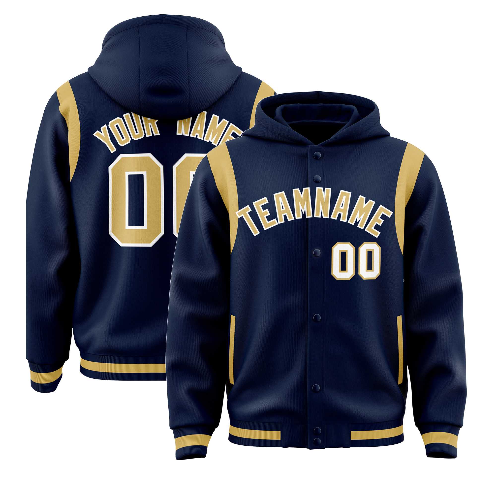 Custom Navy Old Gold Varsity Full-Snap Letterman Shoulder Color Block Jacket Hoodie| KXKSHOP