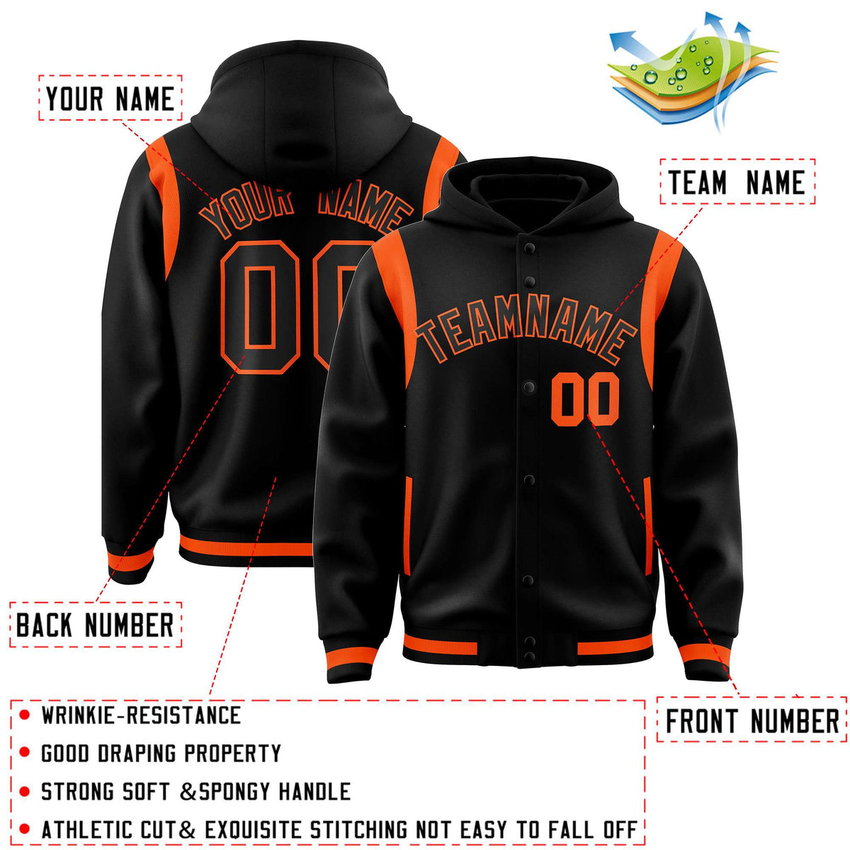 Custom Black Black Varsity Full-Snap Letterman Shoulder Color Block Jacket Hoodie| KXKSHOP