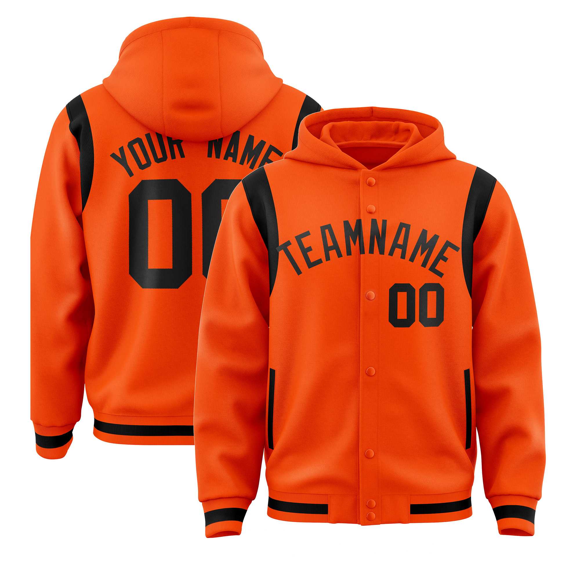 Custom Orange Black Varsity Full-Snap Letterman Shoulder Color Block Jacket Hoodie| KXKSHOP