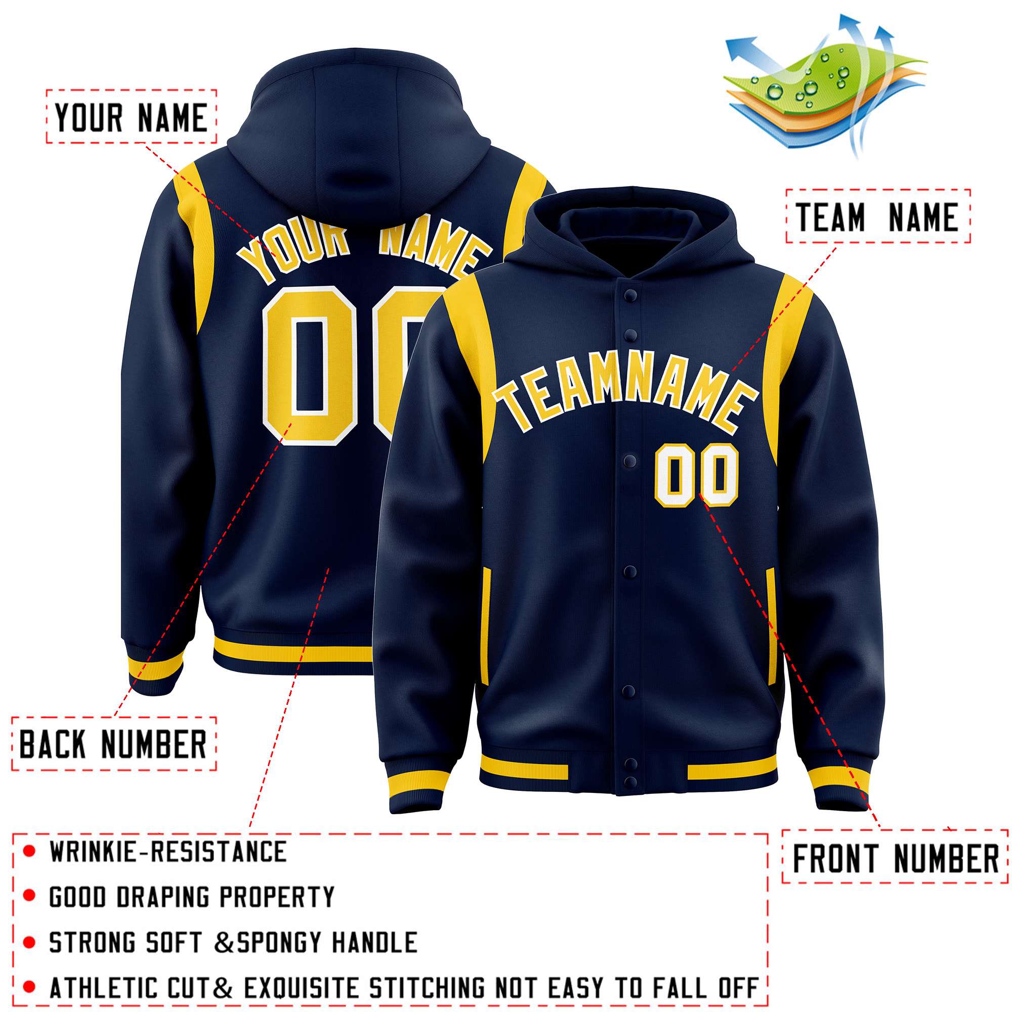 Custom Navy Gold Varsity Full-Snap Letterman Shoulder Color Block Jacket Hoodie| KXKSHOP