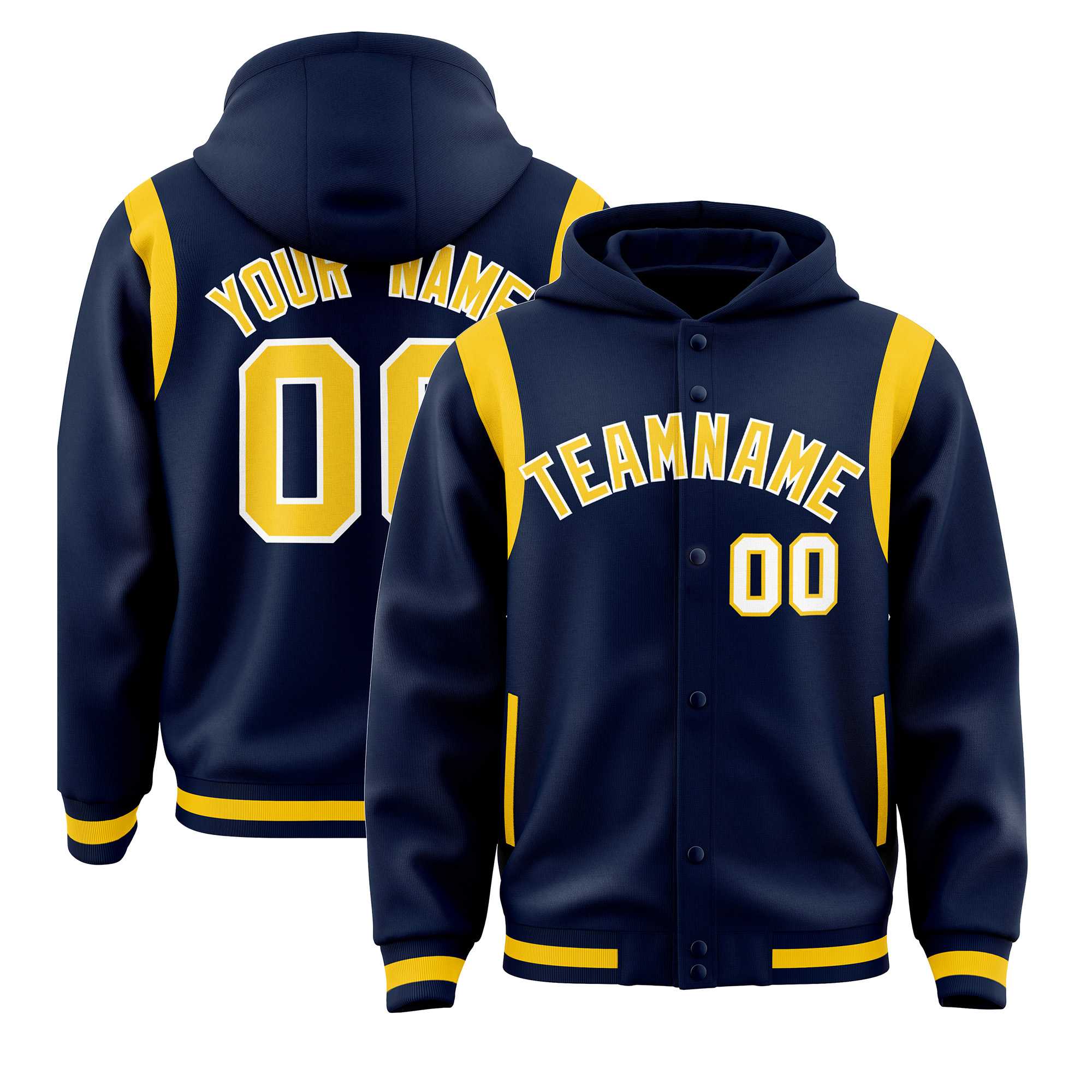 Custom Navy Gold Varsity Full-Snap Letterman Shoulder Color Block Jacket Hoodie| KXKSHOP
