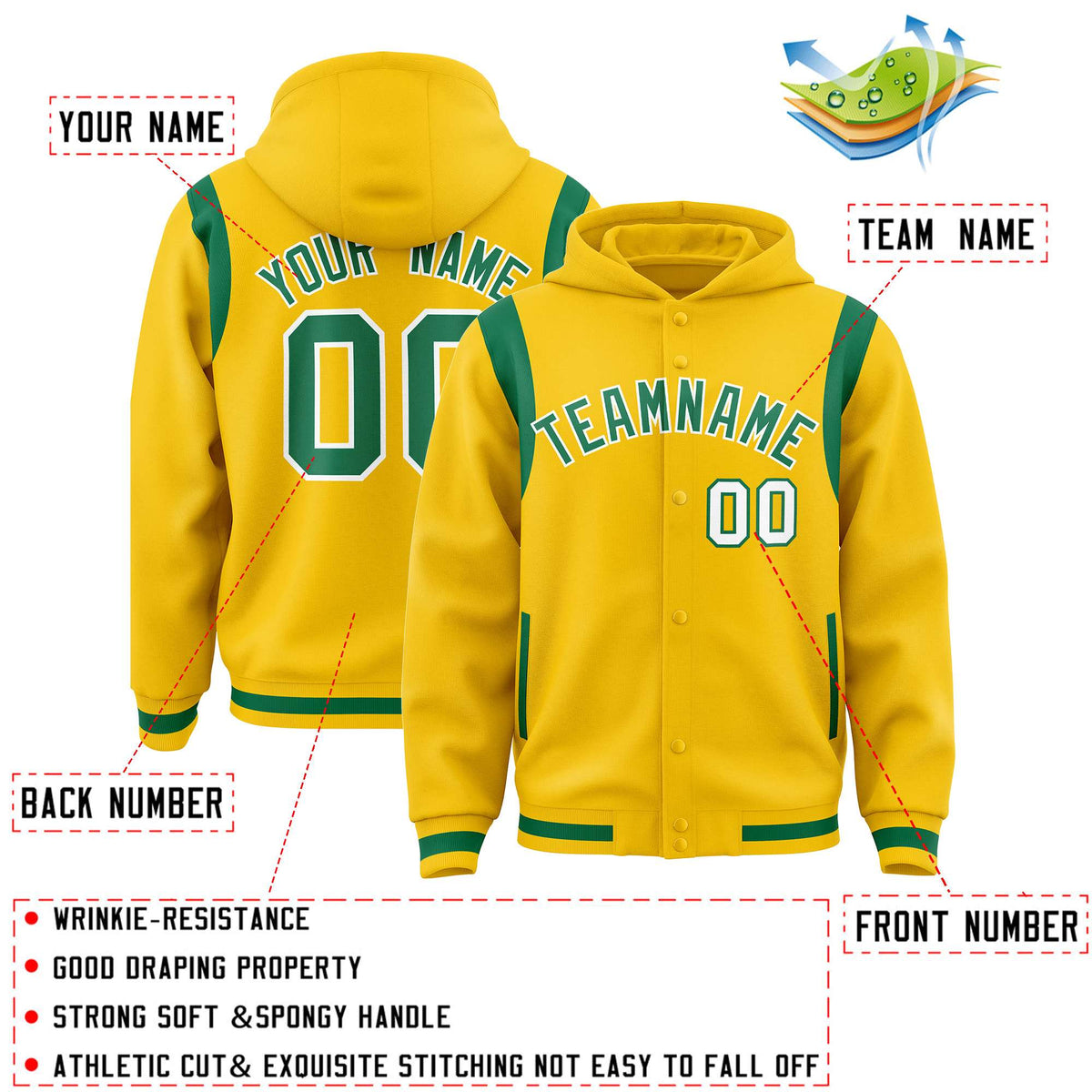 Custom Gold Kelly Green Varsity Full-Snap Letterman Shoulder Color Block Jacket Hoodie| KXKSHOP