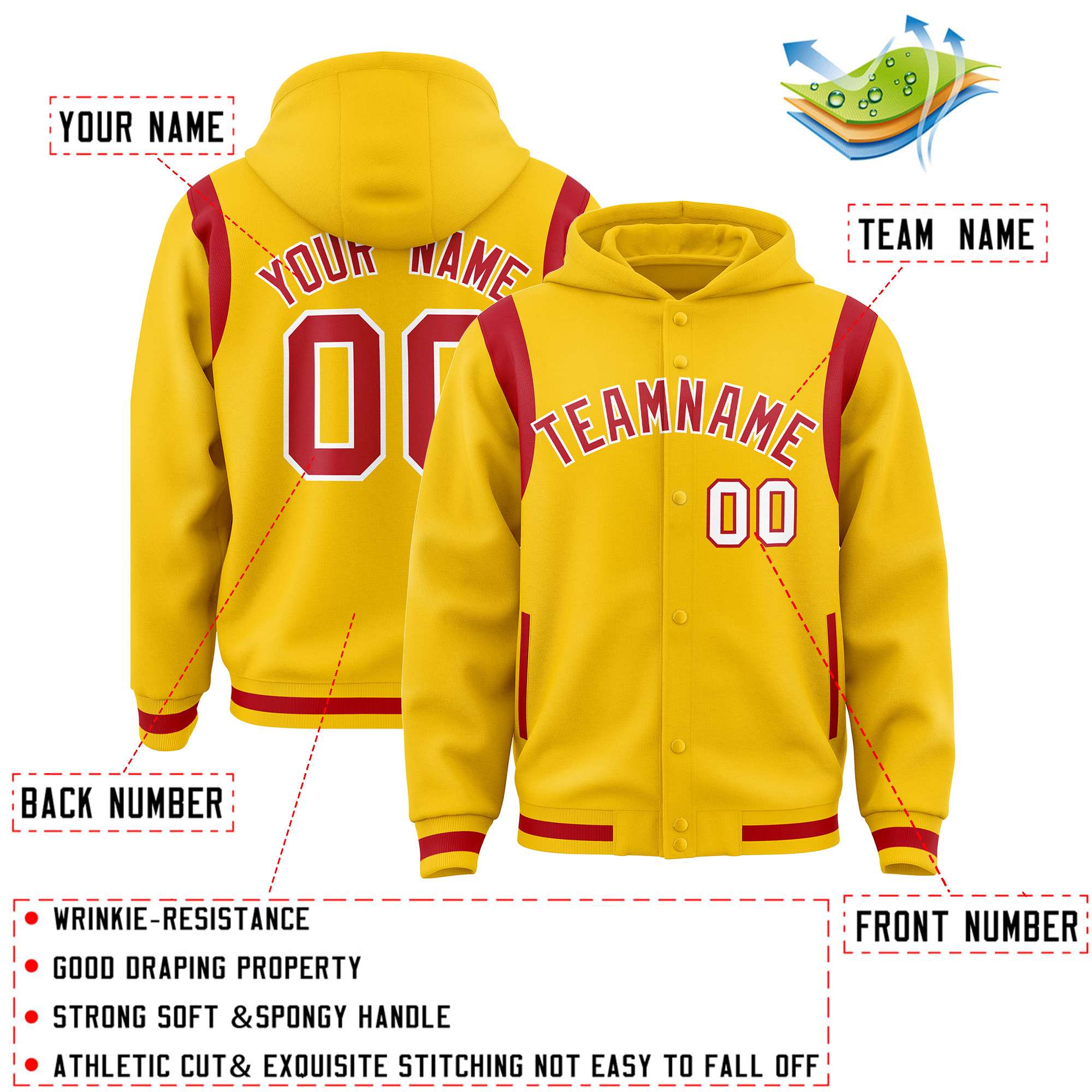 Custom Gold Red Varsity Full-Snap Letterman Shoulder Color Block Jacket Hoodie| KXKSHOP