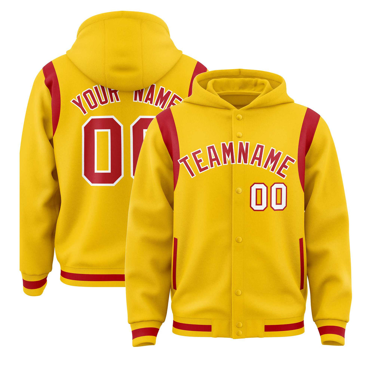 Custom Gold Red Varsity Full-Snap Letterman Shoulder Color Block Jacket Hoodie| KXKSHOP