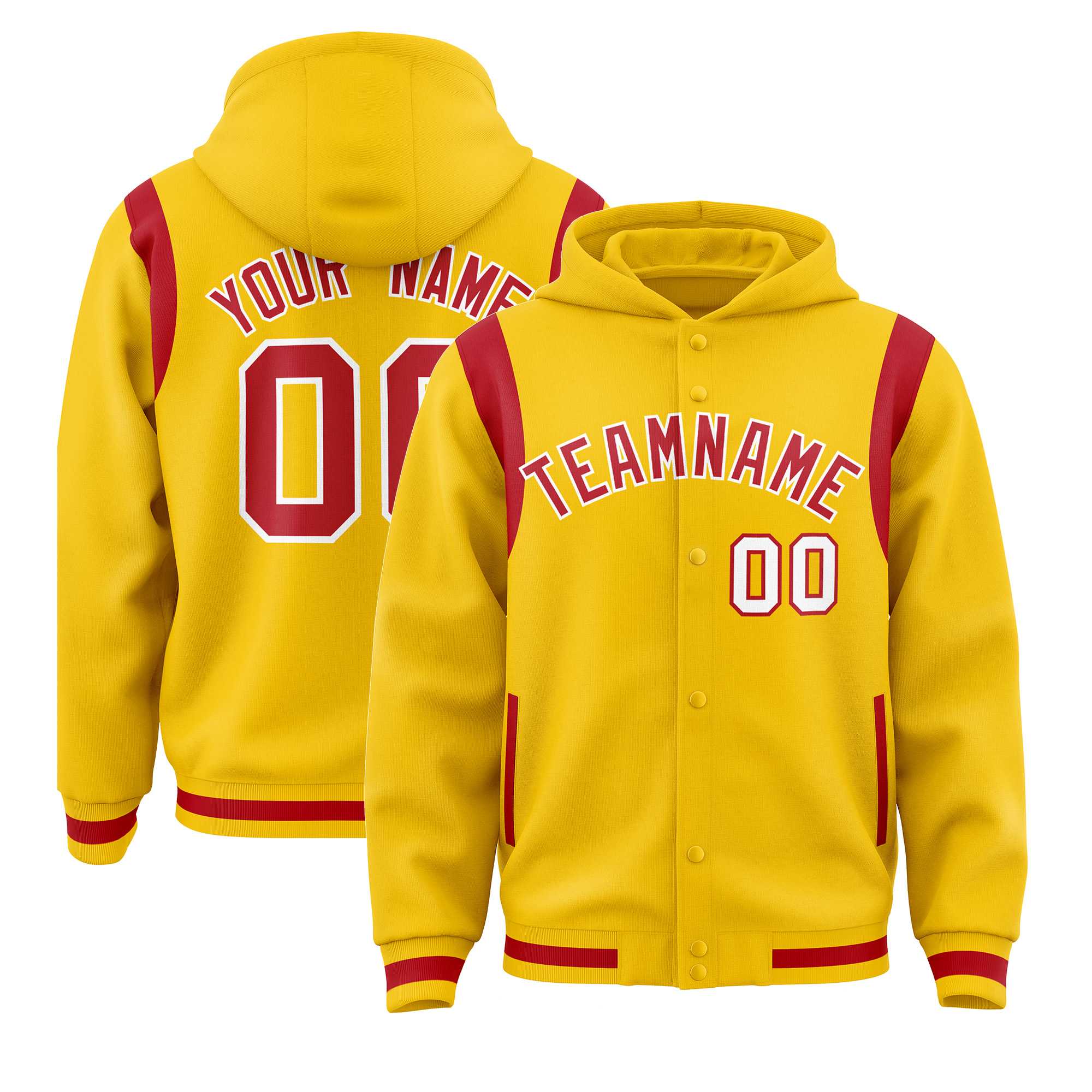Custom Gold Red Varsity Full-Snap Letterman Shoulder Color Block Jacket Hoodie| KXKSHOP