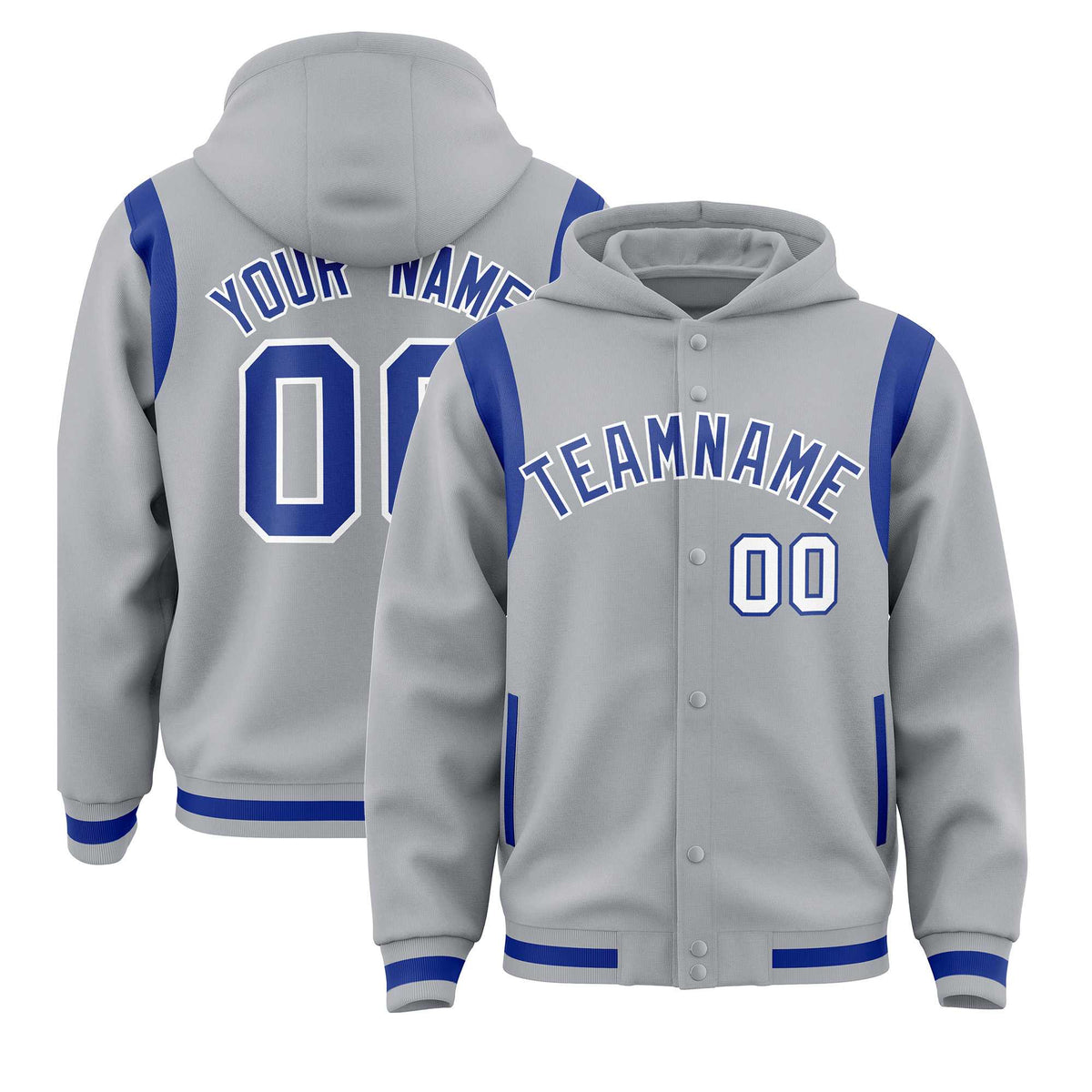 Custom Silver Royal Varsity Full-Snap Letterman Shoulder Color Block Jacket Hoodie| KXKSHOP
