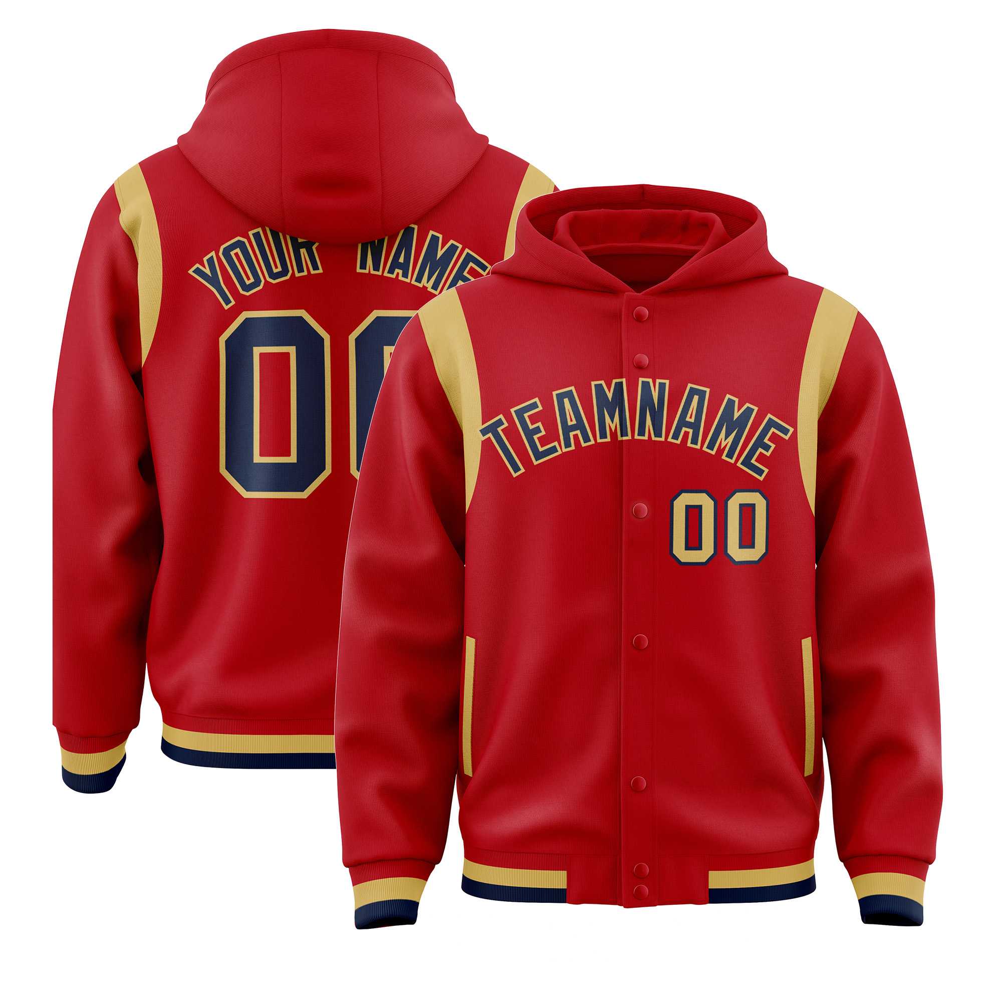Custom Red Navy Varsity Full-Snap Letterman Shoulder Color Block Jacket Hoodie| KXKSHOP