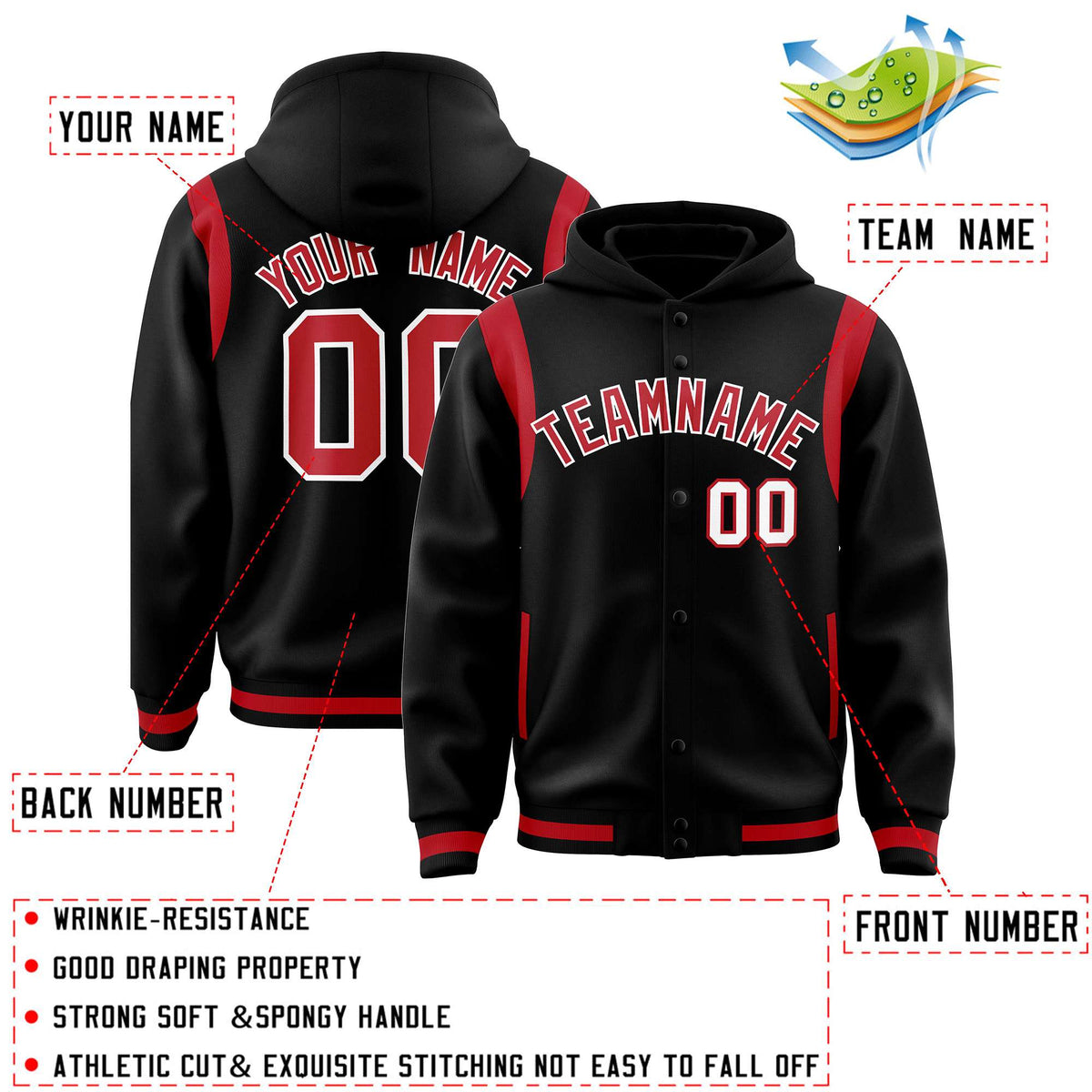 Custom Black Red Varsity Full-Snap Letterman Shoulder Color Block Jacket Hoodie| KXKSHOP