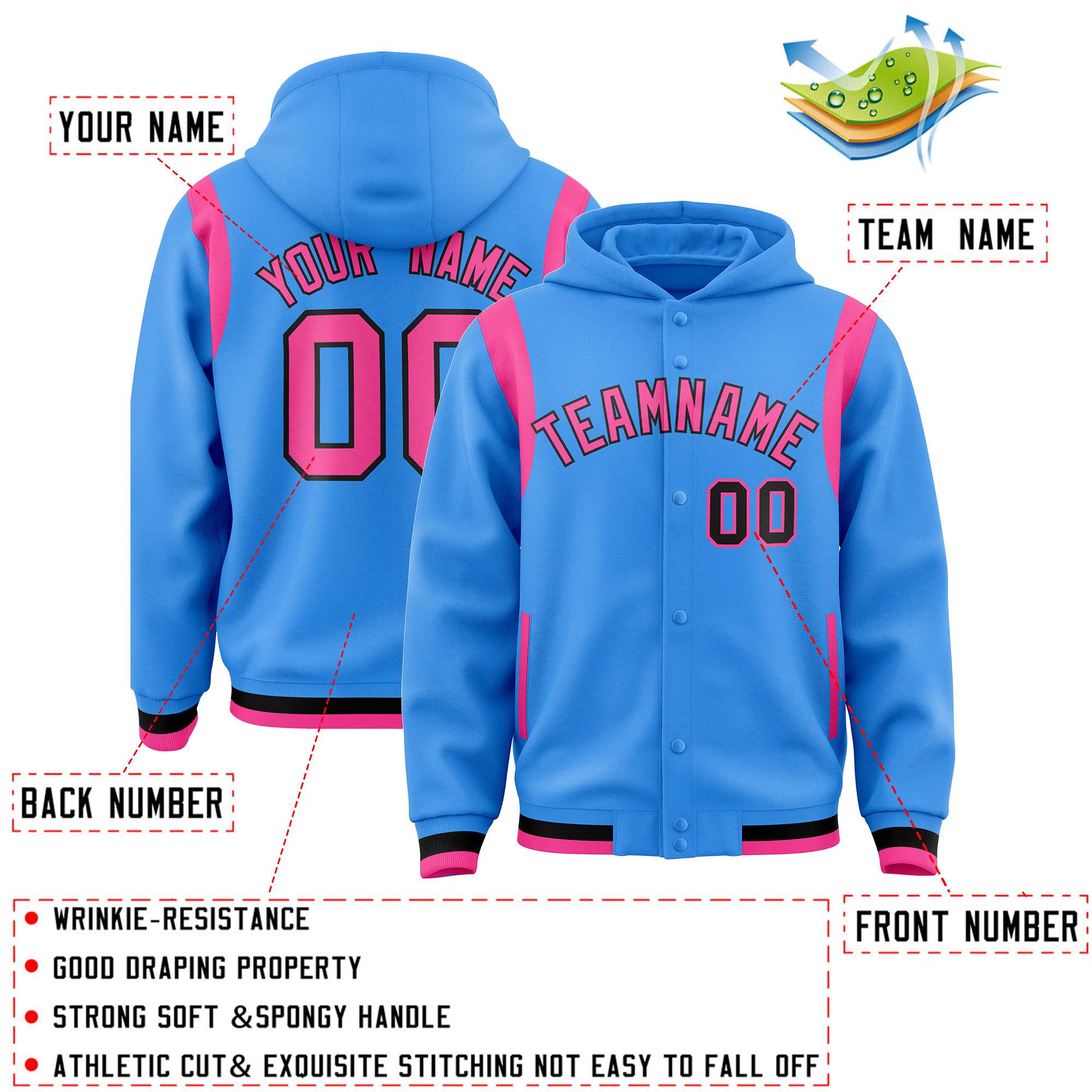 Custom Powder Blue Pink Varsity Full-Snap Letterman Shoulder Color Block Jacket Hoodie| KXKSHOP