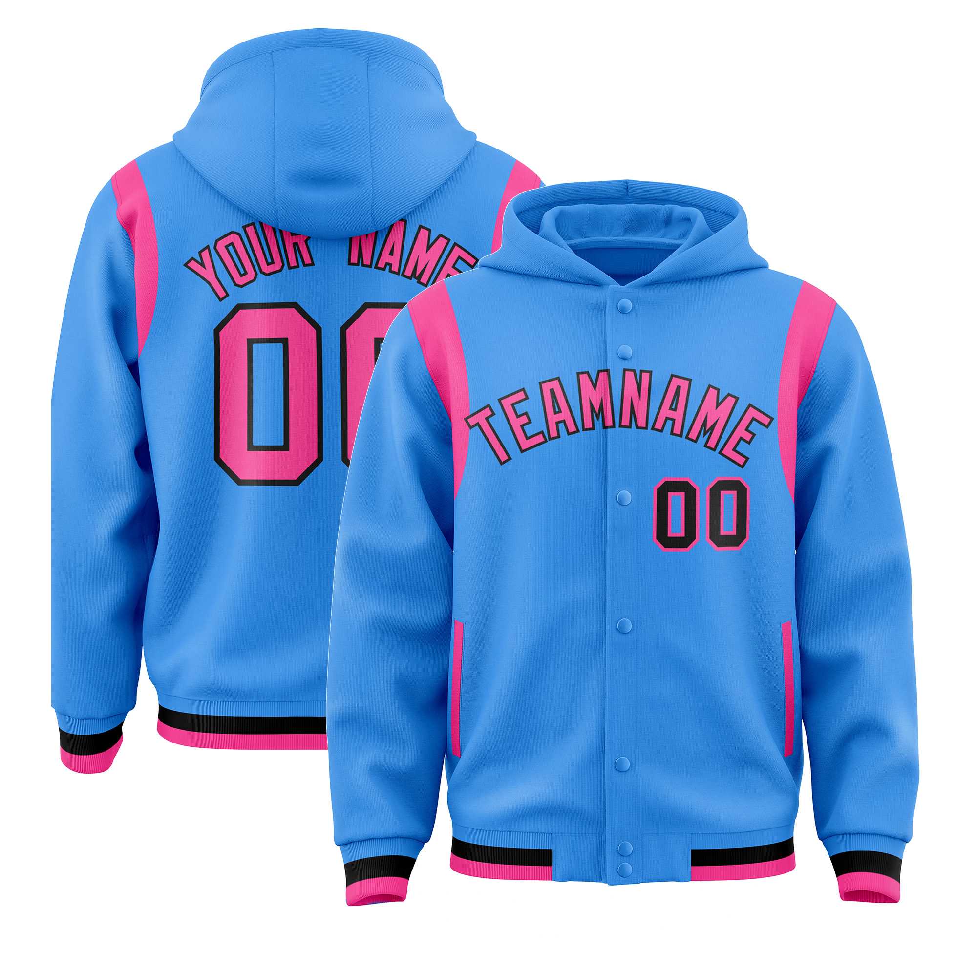 Custom Powder Blue Pink Varsity Full-Snap Letterman Shoulder Color Block Jacket Hoodie| KXKSHOP