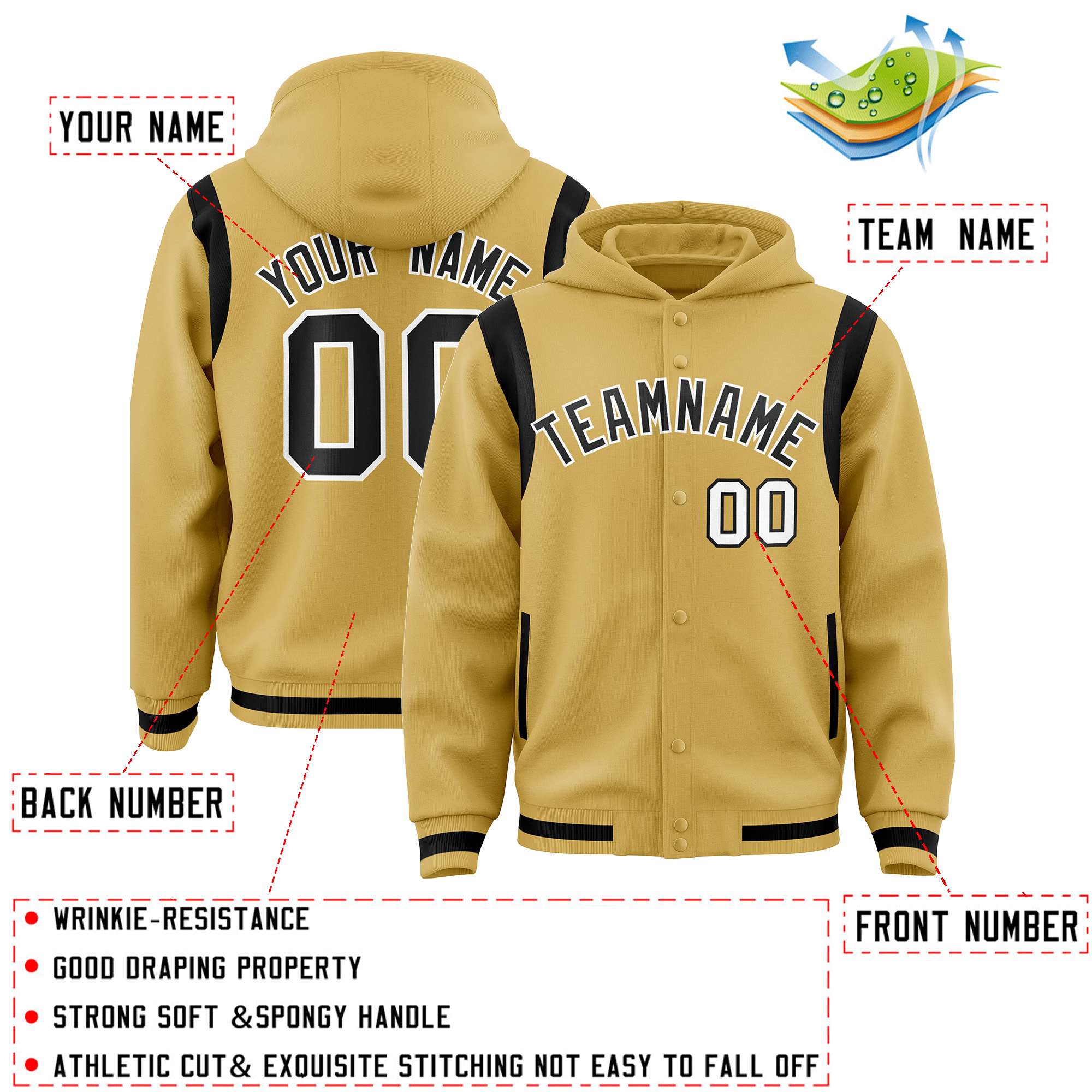 Custom Old Gold Black Varsity Full-Snap Letterman Shoulder Color Block Jacket Hoodie| KXKSHOP
