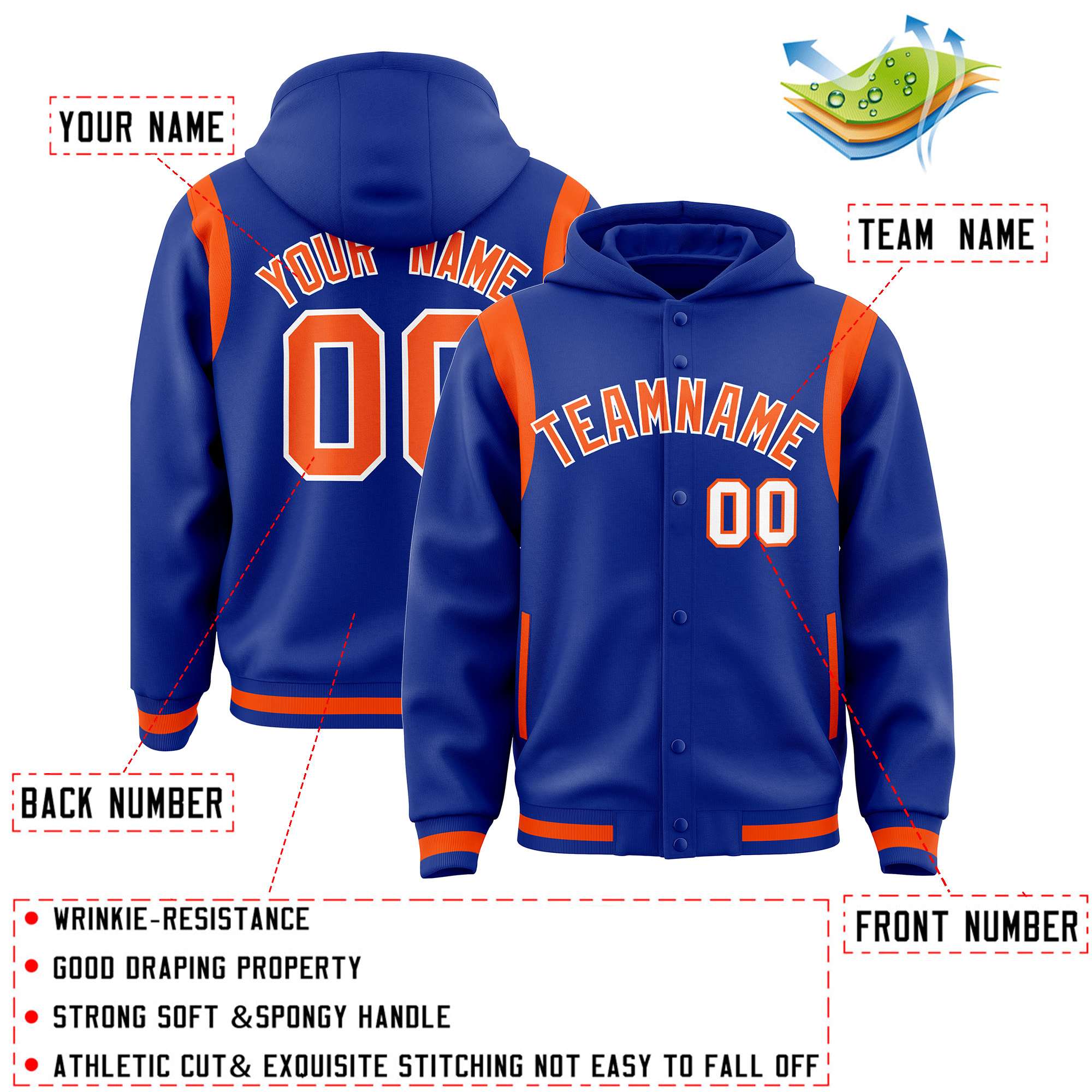 Custom Royal Orange Varsity Full-Snap Letterman Shoulder Color Block Jacket Hoodie| KXKSHOP