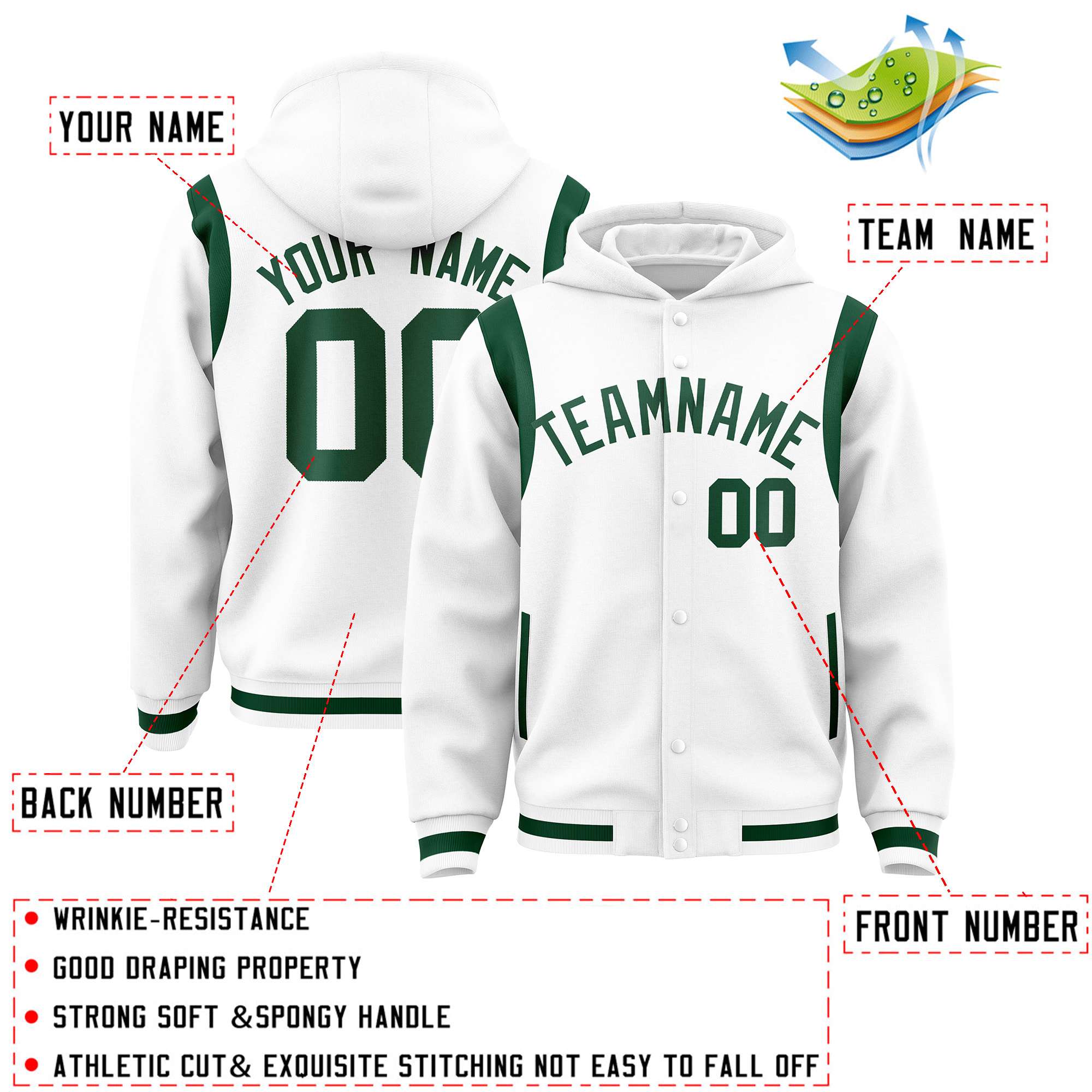 Custom White Green Varsity Full-Snap Letterman Shoulder Color Block Jacket Hoodie| KXKSHOP