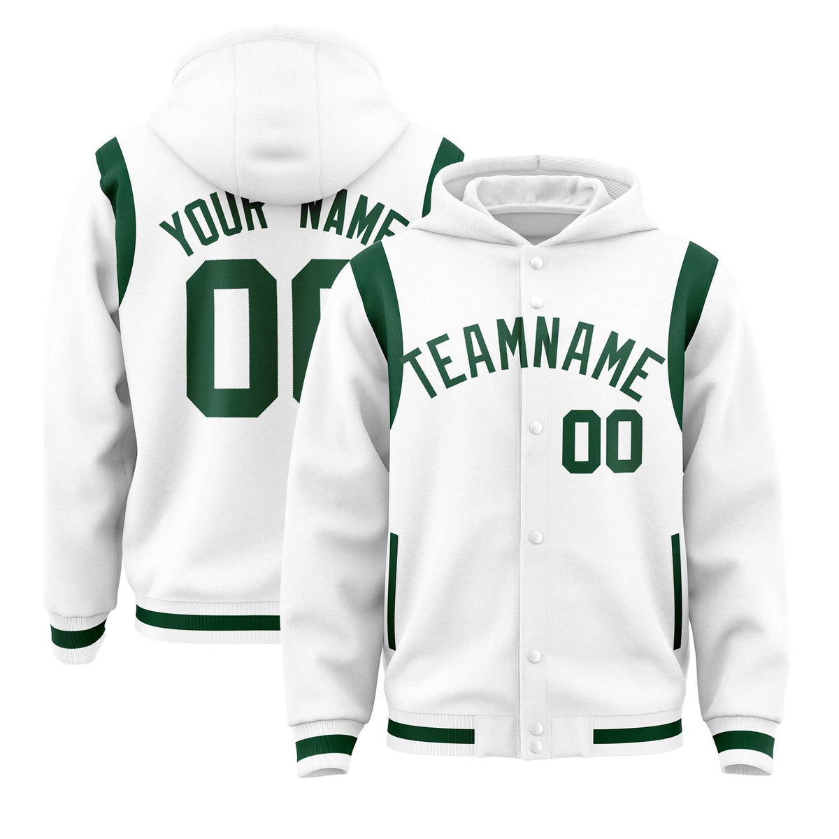Custom White Green Varsity Full-Snap Letterman Shoulder Color Block Jacket Hoodie| KXKSHOP