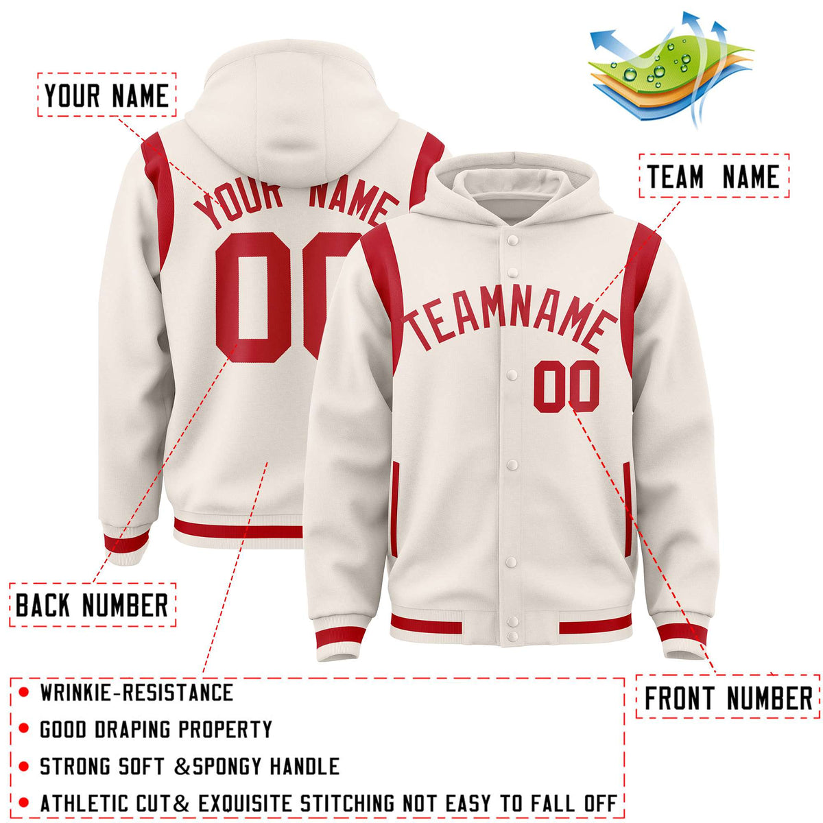 Custom Cream Red Varsity Full-Snap Letterman Shoulder Color Block Jacket Hoodie| KXKSHOP