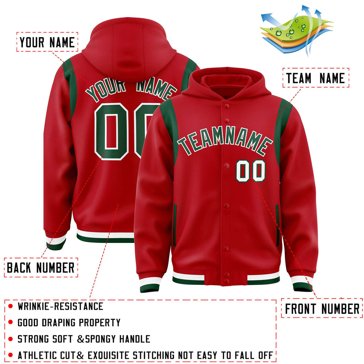 Custom Red Green Varsity Full-Snap Letterman Shoulder Color Block Jacket Hoodie| KXKSHOP