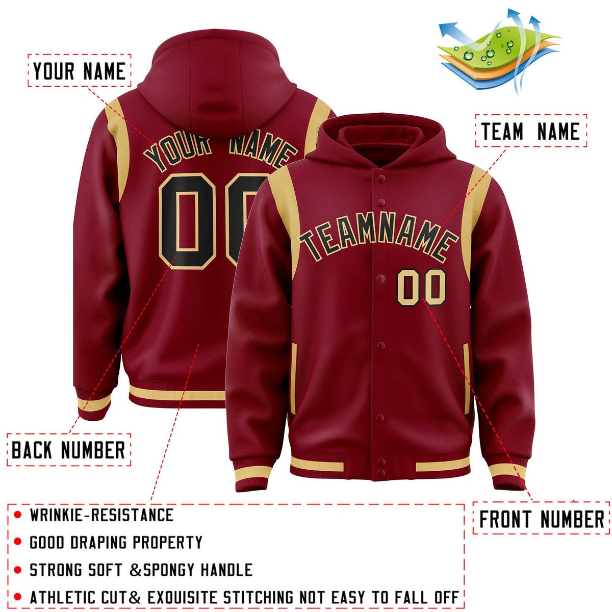 Custom Crimson Black Varsity Full-Snap Letterman Shoulder Color Block Jacket Hoodie| KXKSHOP