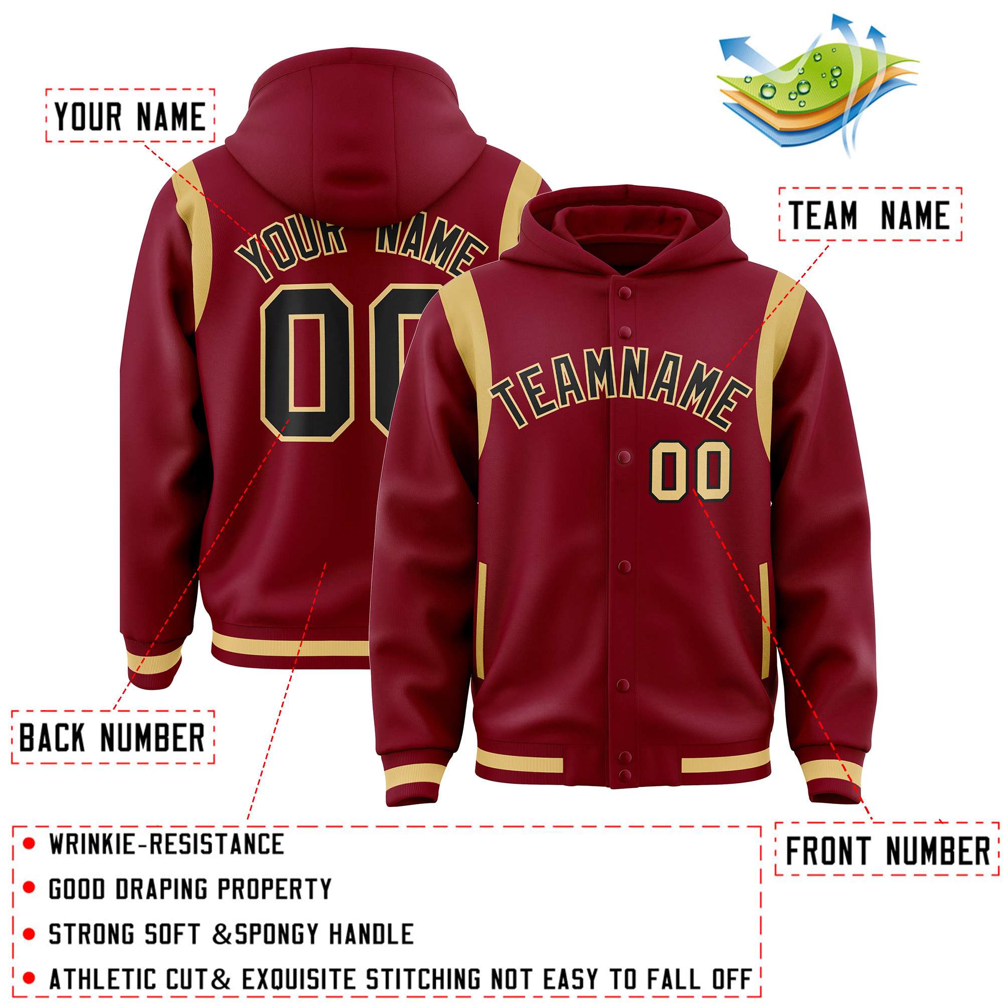 Custom Crimson Black Varsity Full-Snap Letterman Shoulder Color Block Jacket Hoodie| KXKSHOP