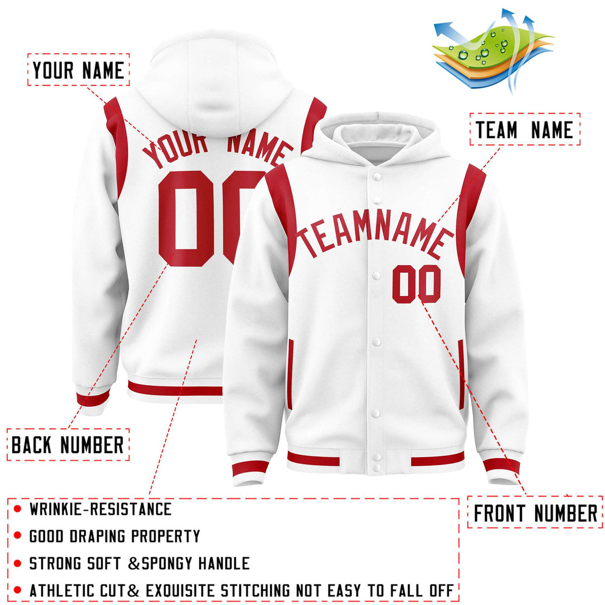 Custom White Red Varsity Full-Snap Letterman Shoulder Color Block Jacket Hoodie| KXKSHOP