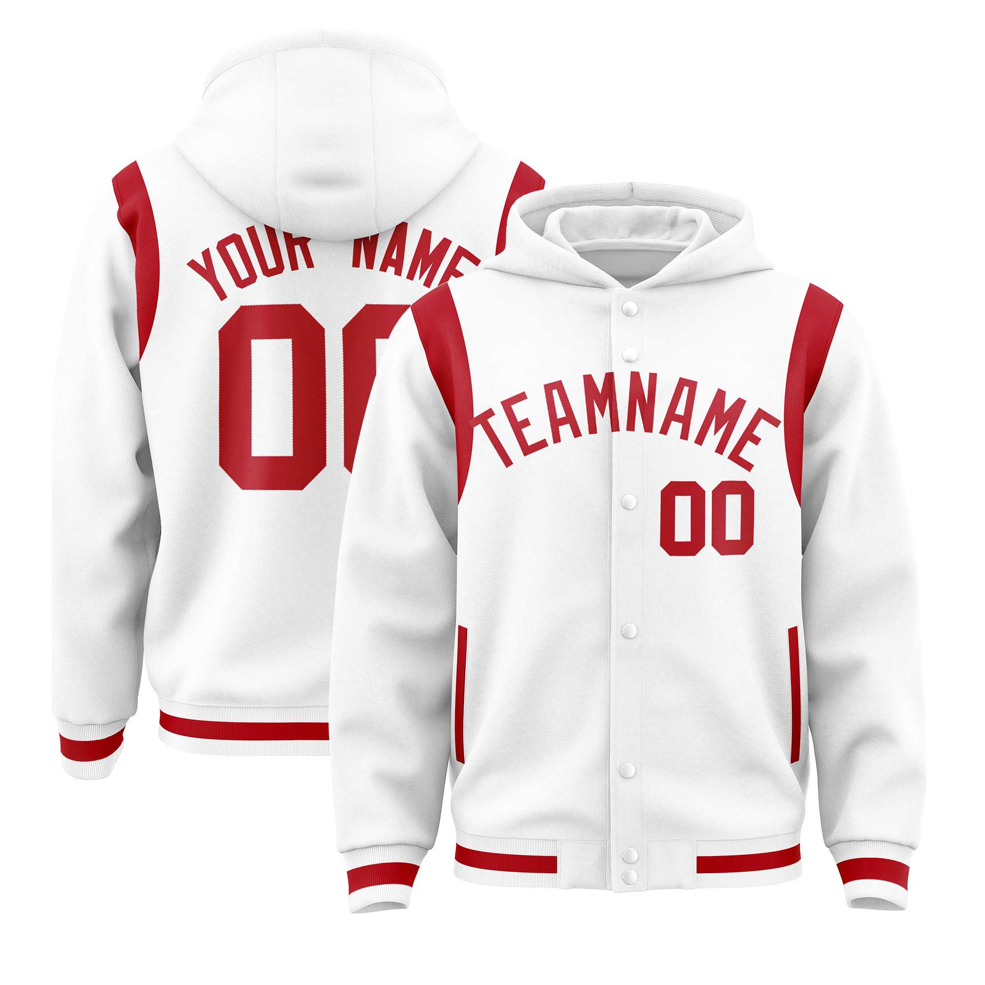 Custom White Red Varsity Full-Snap Letterman Shoulder Color Block Jacket Hoodie| KXKSHOP